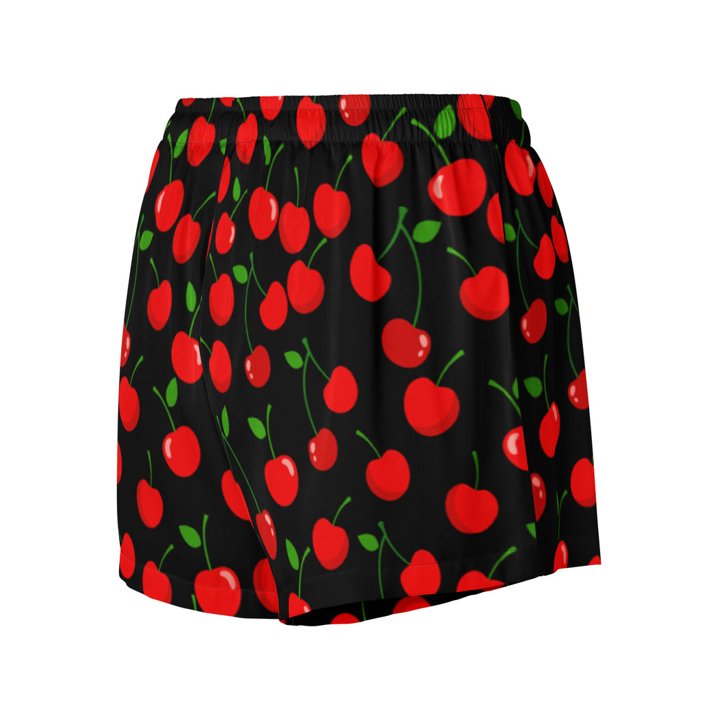 Women’s black silky pajama shorts with a vibrant red cherry pattern green stems lightweight relaxed fit with drawstring waist