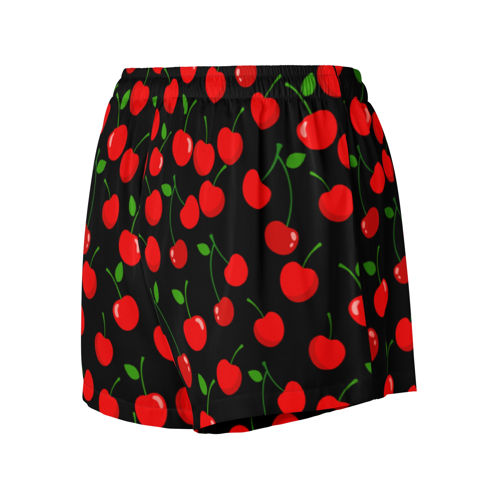 Women’s black silky pajama shorts with a vibrant red cherry pattern green stems lightweight relaxed fit with drawstring waist