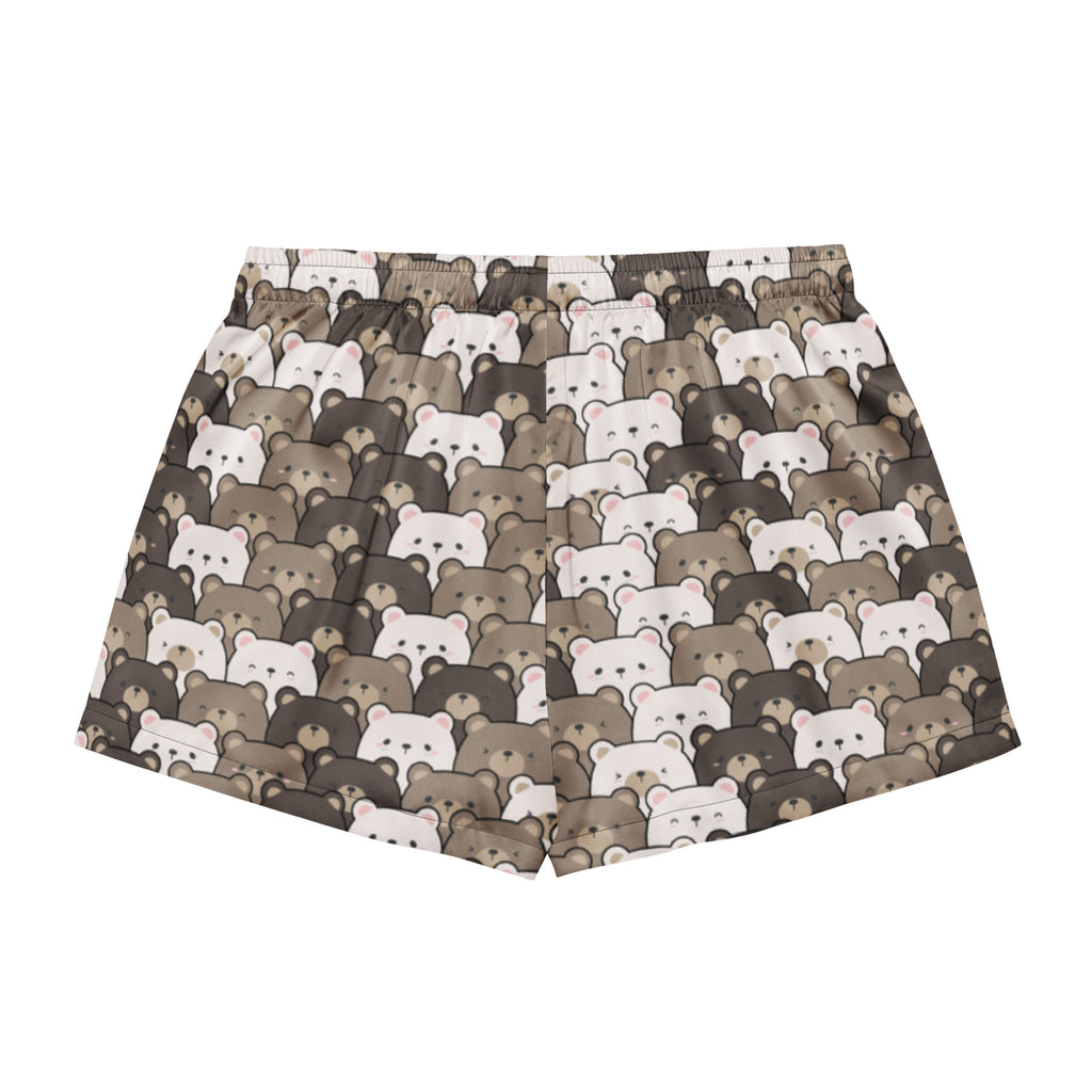 Women’s cute bear face silky pajama shorts with all over cartoon bear print in white and brown lightweight drawstring waist