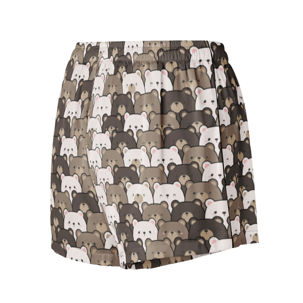 Women’s cute bear face silky pajama shorts with playful brown and white cartoon bears print lightweight relaxed fit