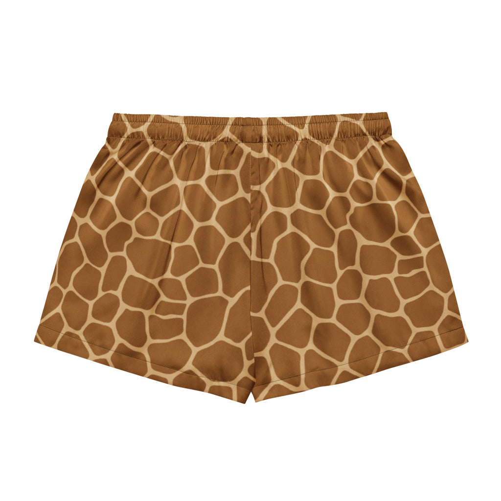 Women’s lightweight relaxed fit silky giraffe print pajama shorts in brown with elastic waistband and drawstring waist