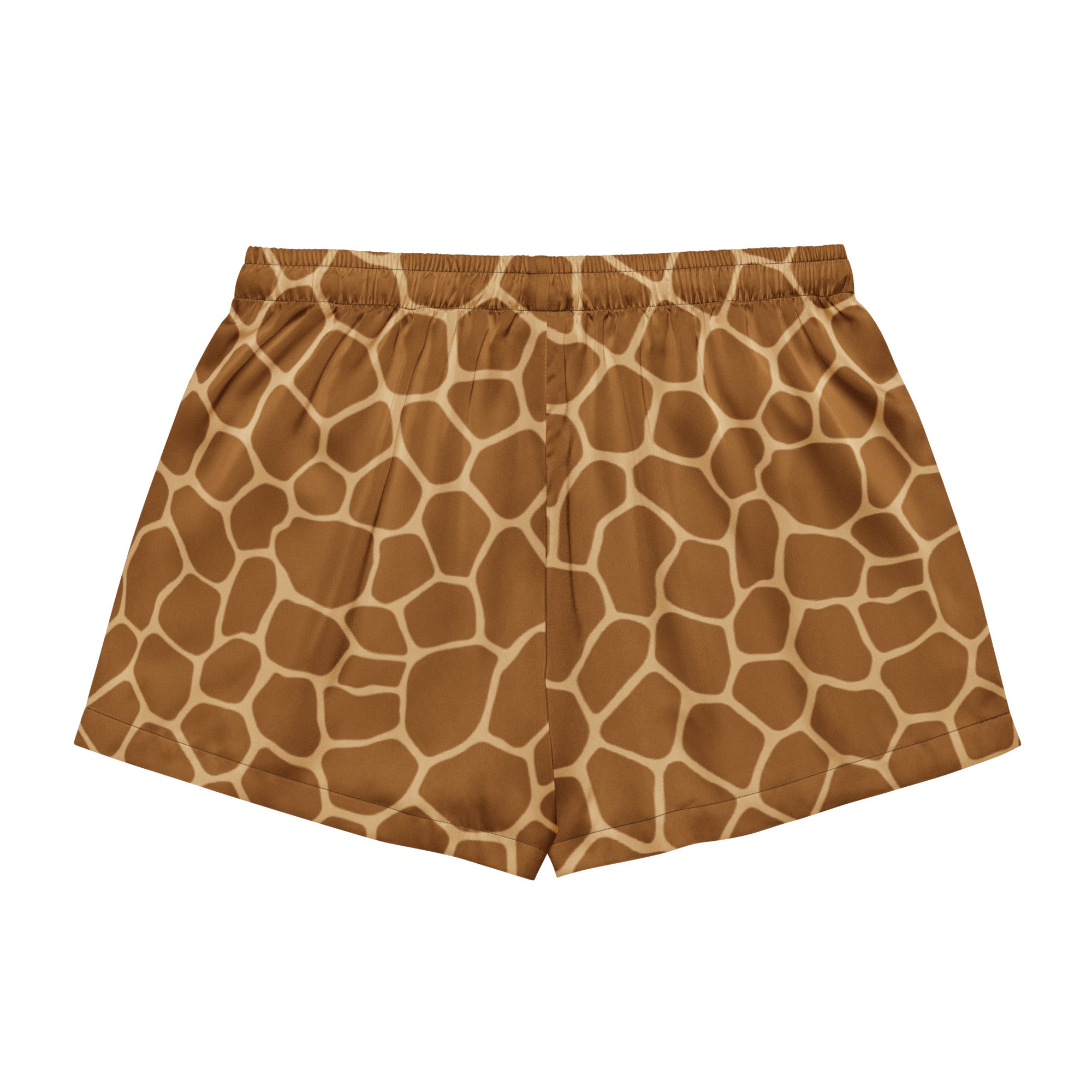 Women’s lightweight relaxed fit silky giraffe print pajama shorts in brown with elastic waistband and drawstring waist