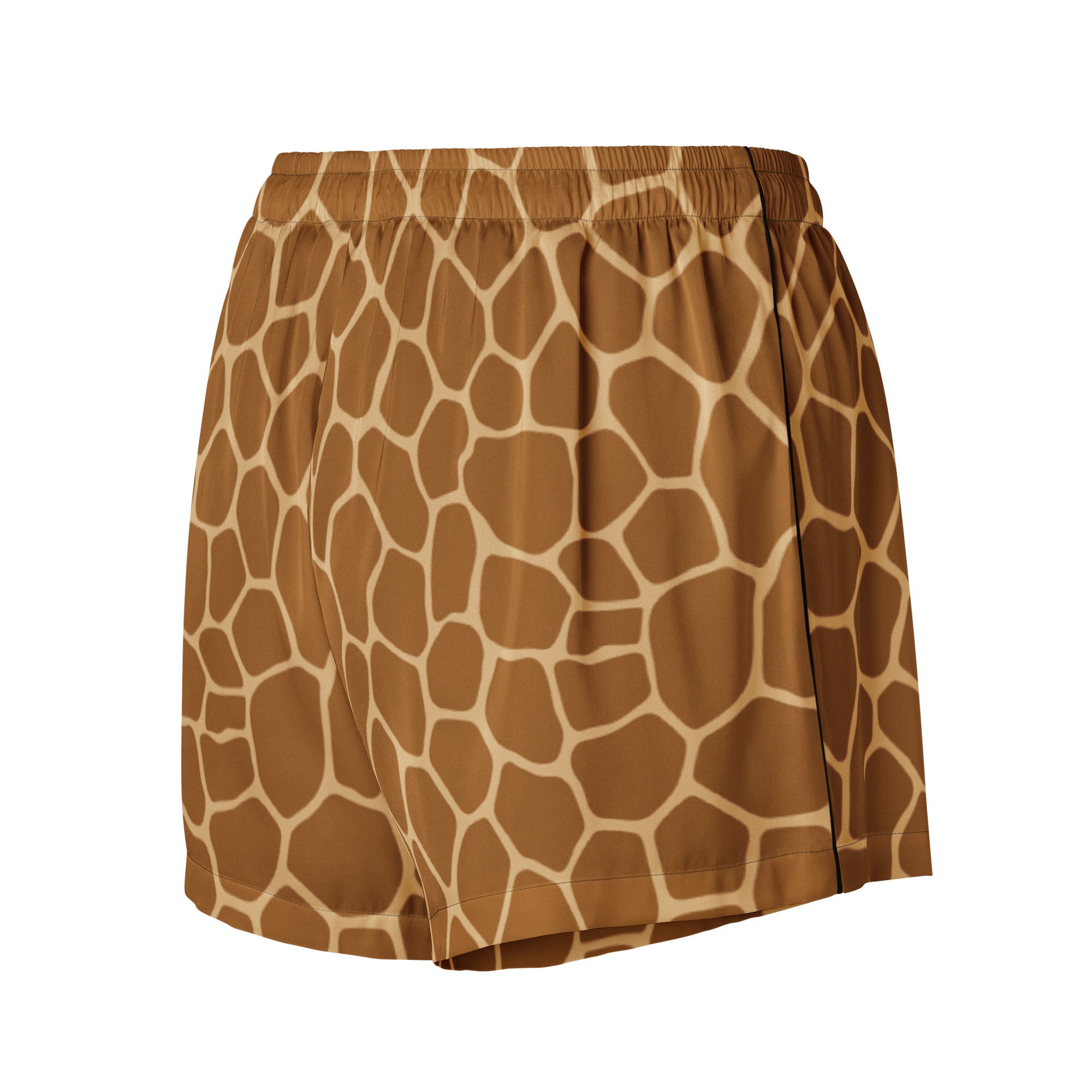 Women’s giraffe print silky pajama shorts in brown and cream with a lightweight relaxed fit and elastic waistband