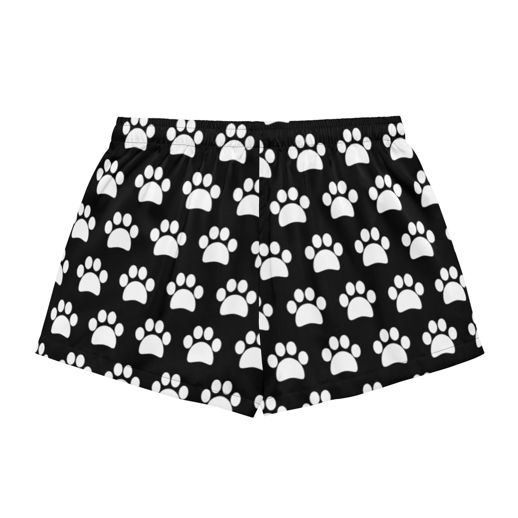 Women’s black silky pajama shorts with white paw print pattern lightweight relaxed fit and drawstring waist