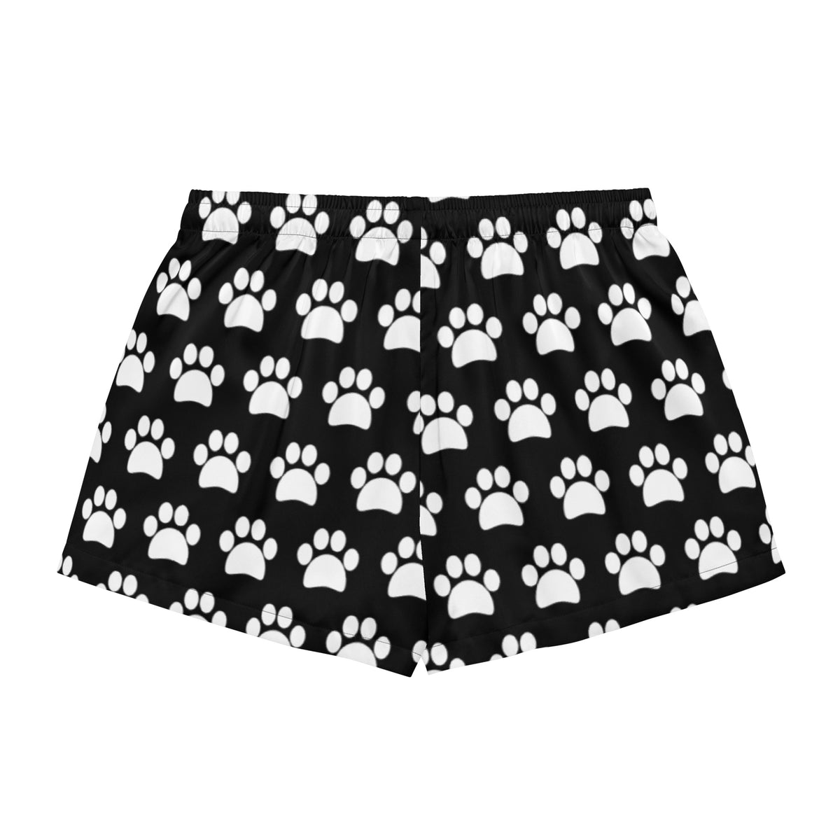 Women’s black silky pajama shorts with white paw print pattern lightweight relaxed fit and drawstring waist