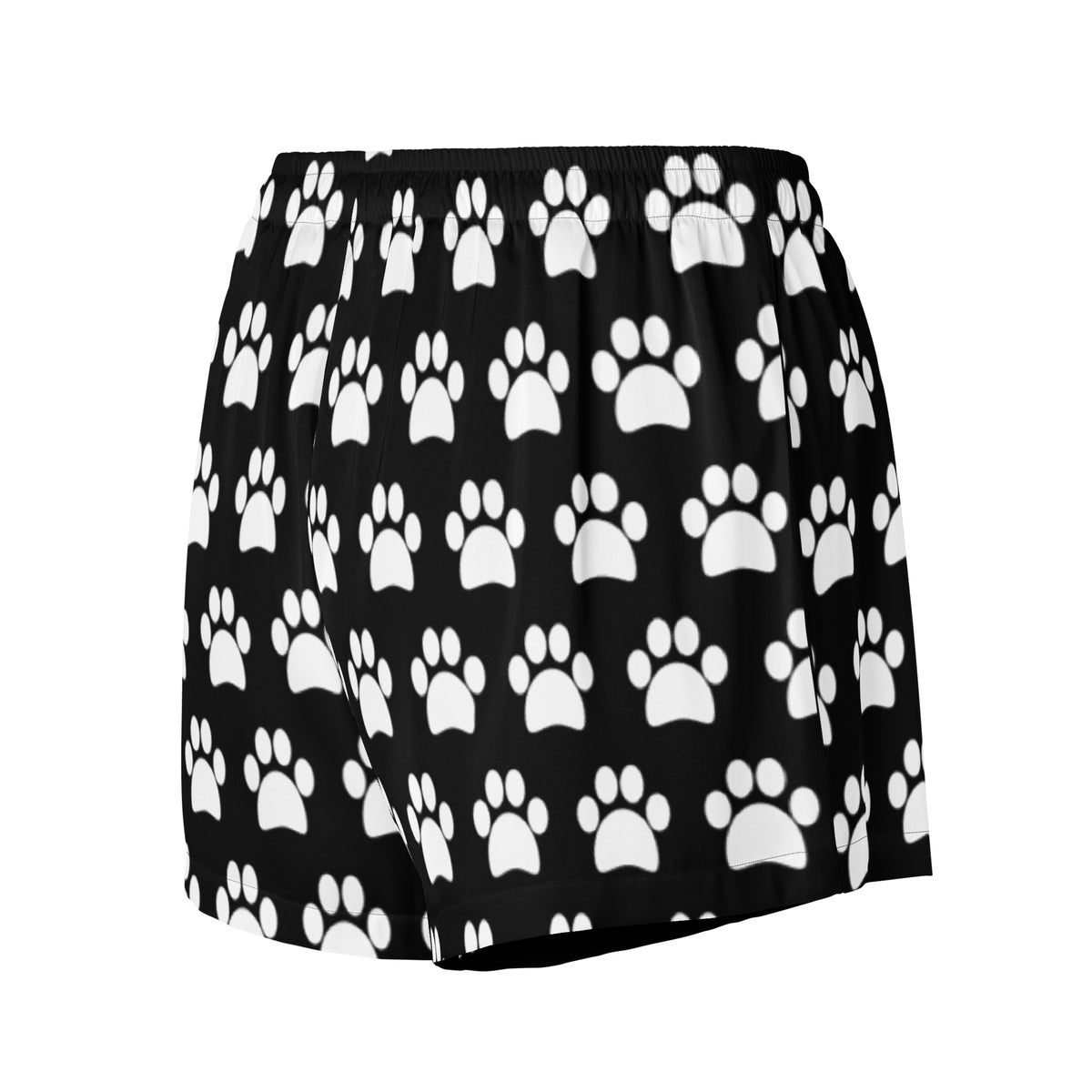 Women’s black silky pajama shorts with white paw print pattern lightweight relaxed fit and drawstring waist