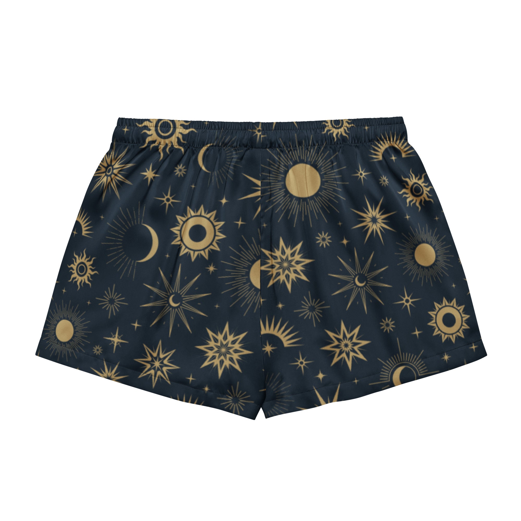 Dark blue women’s silky pajama shorts with vibrant gold sun moon and star celestial pattern and drawstring waist