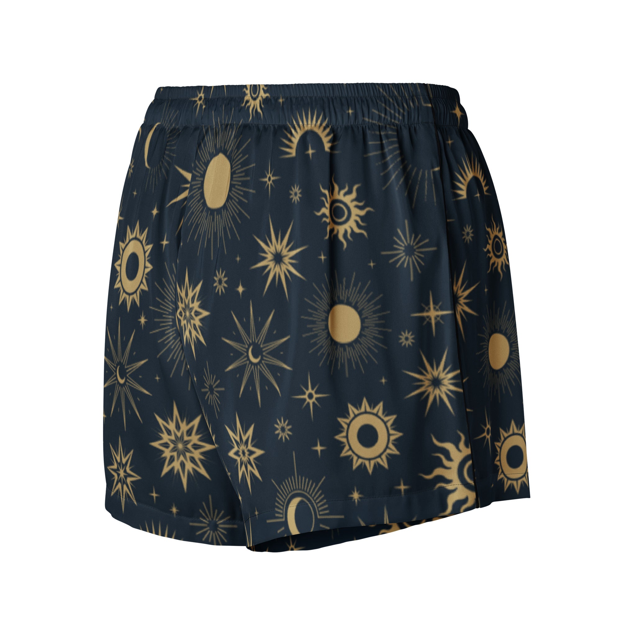Dark blue silky women’s pajama shorts with vibrant gold celestial sun moon and stars pattern and drawstring waist