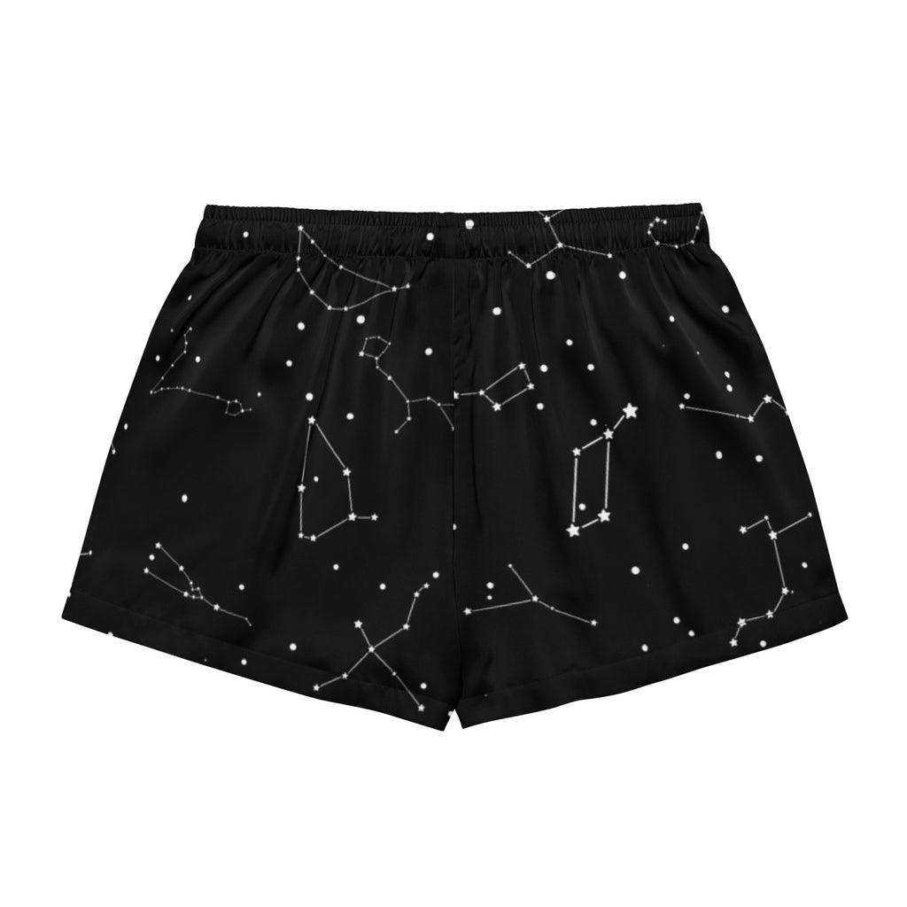 Women’s black silky pajama shorts with white realistic constellation pattern lightweight relaxed fit with drawstring waist