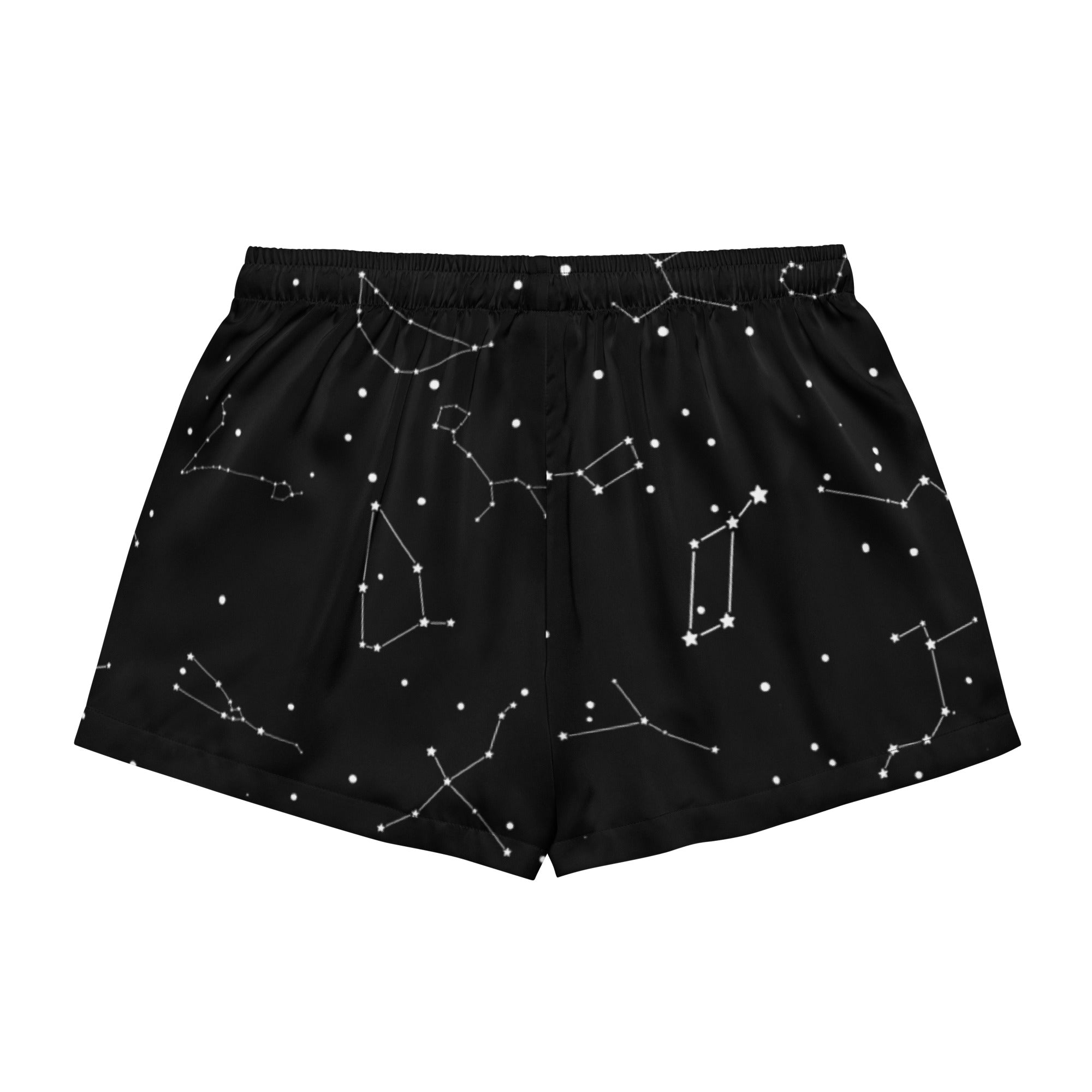 Women’s black silky pajama shorts with white realistic constellation pattern lightweight relaxed fit with drawstring waist