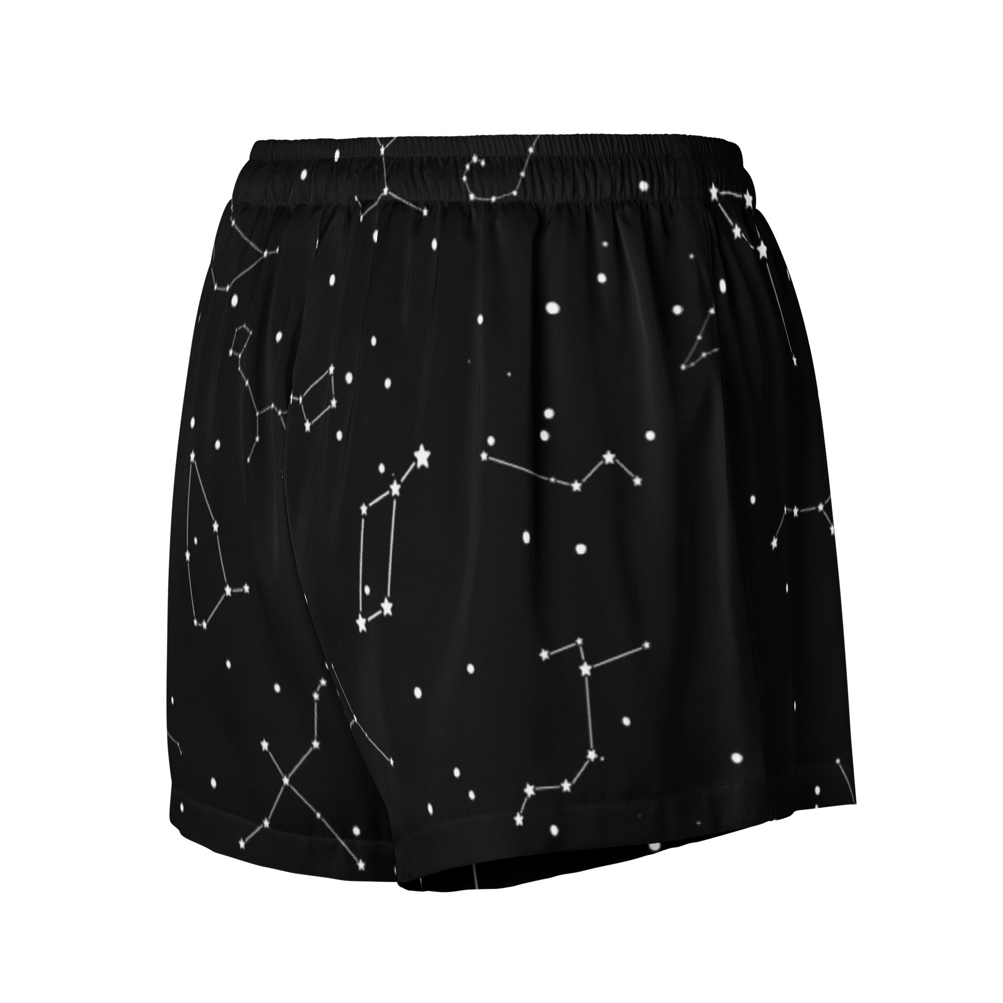 Women’s black silky pajama shorts with white realistic constellation pattern lightweight relaxed fit with drawstring waist