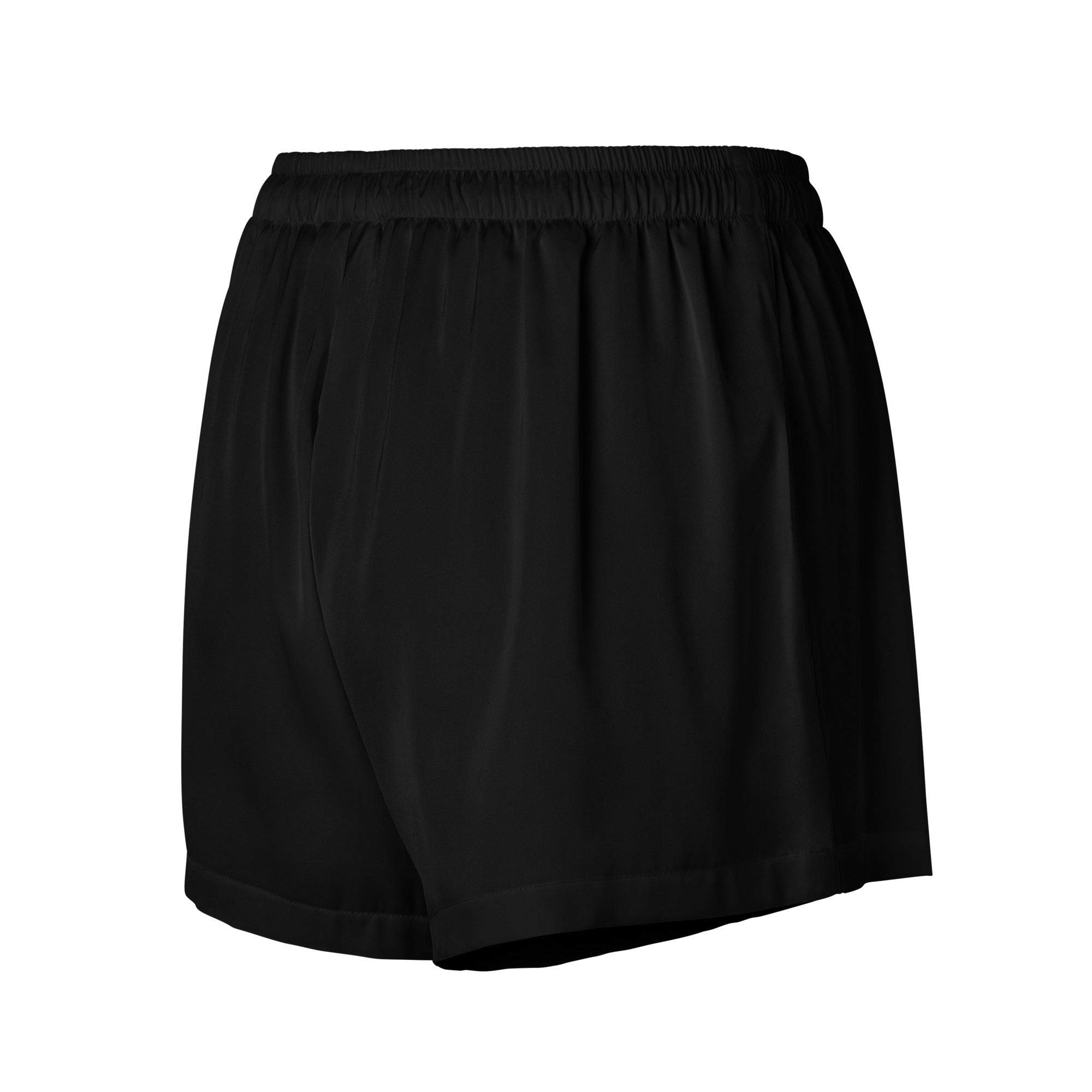 Women’s black silky pajama shorts with elastic drawstring waist and smooth lightweight fabric for relaxed fit