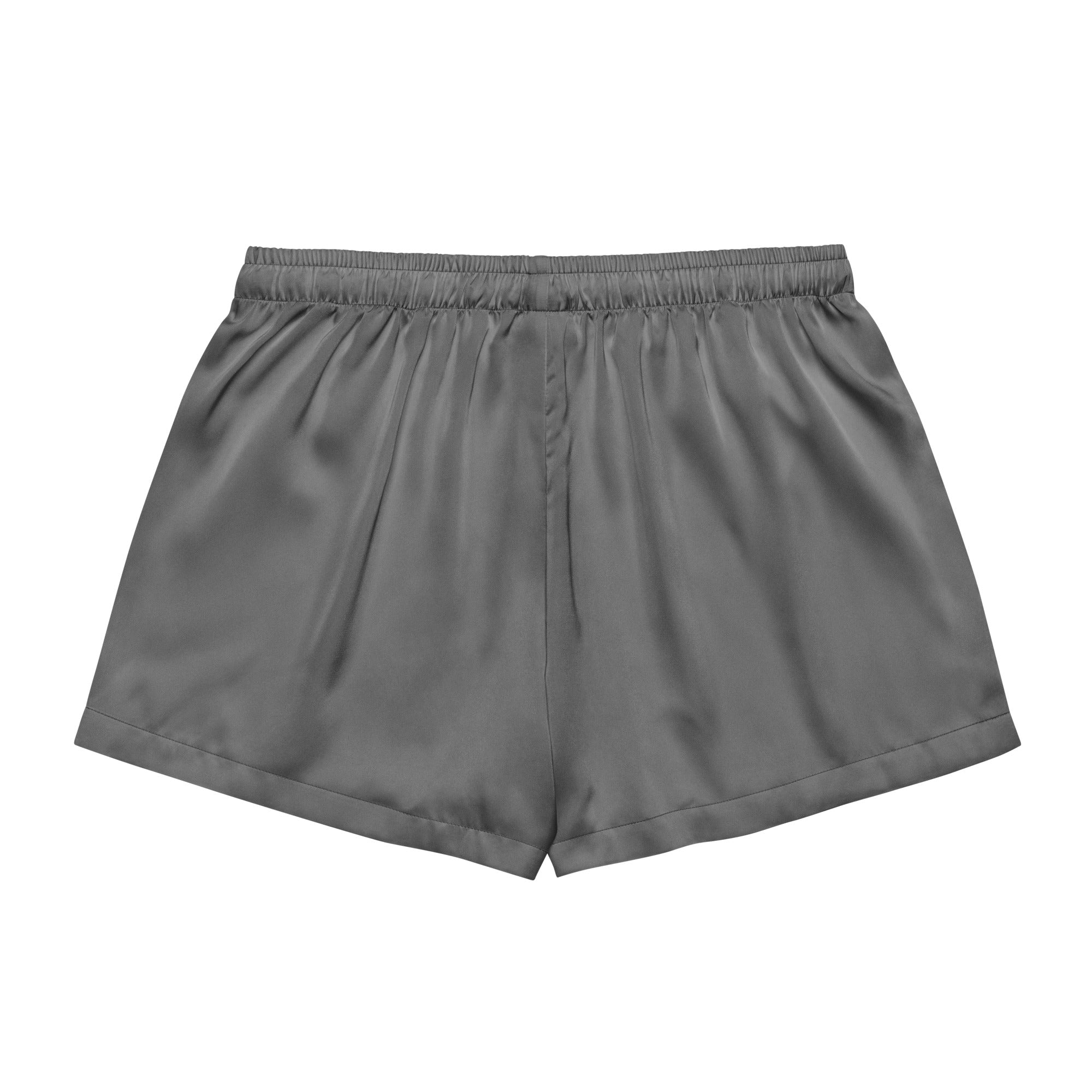 Women’s gray silky pajama shorts made of lightweight satin with an elastic waistband for relaxed comfort