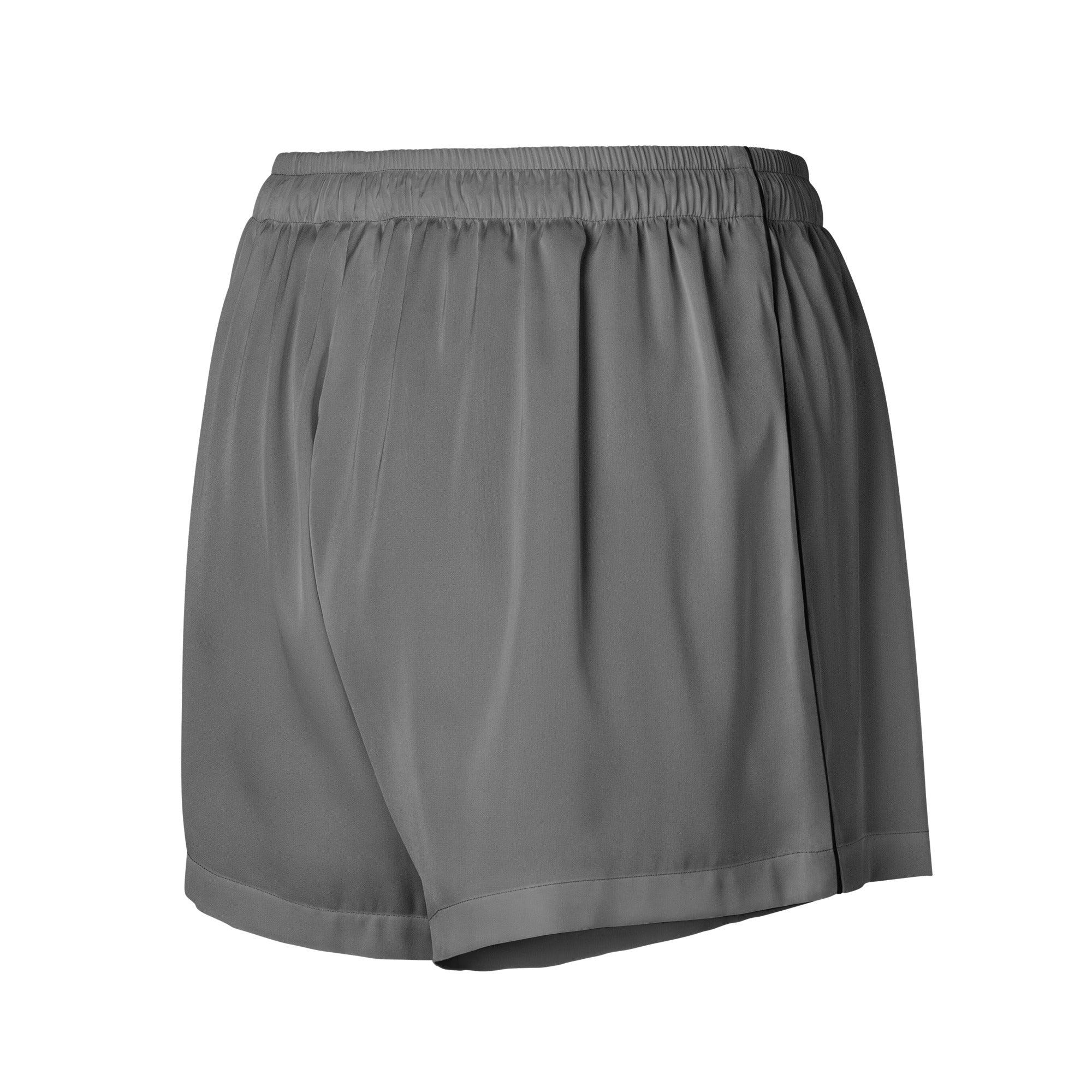 Women’s gray silky pajama shorts with smooth lightweight fabric elastic waistband and relaxed fit drawstring waist