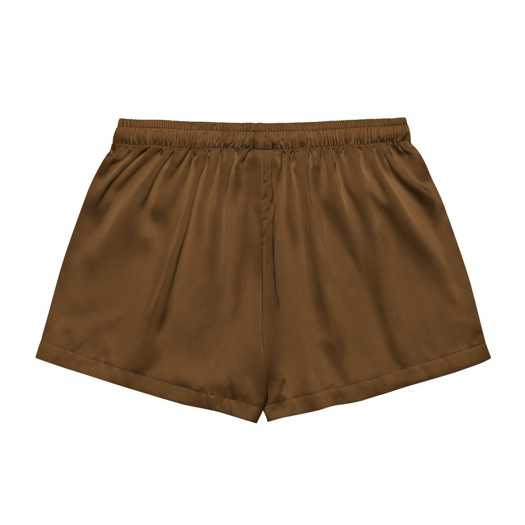 Women’s brown silky pajama shorts in lightweight satin with elastic waistband for relaxed fit and drawstring waist