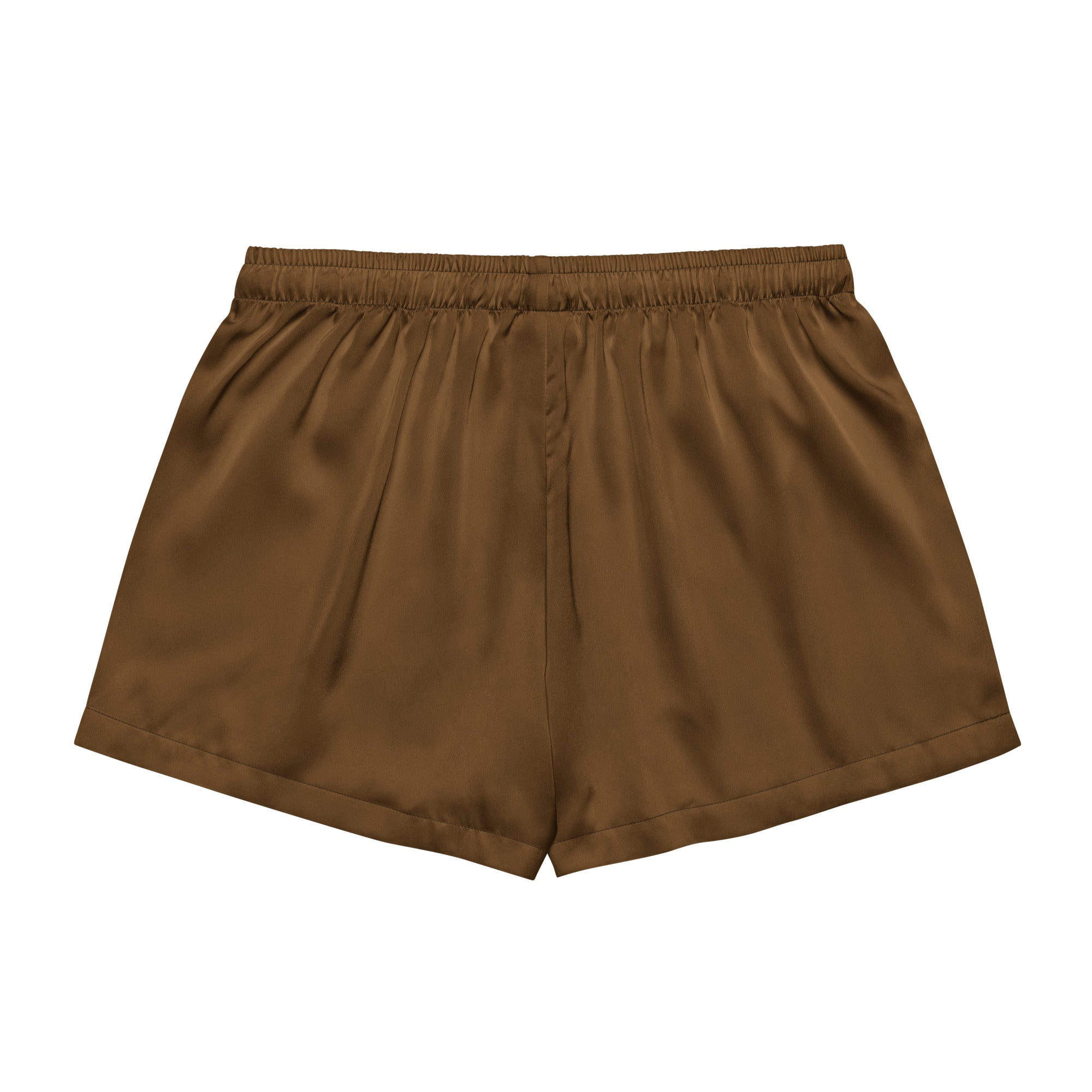 Women’s brown silky pajama shorts in lightweight satin with elastic waistband for relaxed fit and drawstring waist
