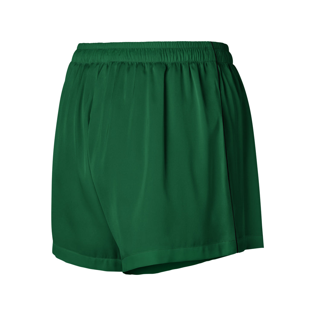 Women’s dark green silky pajama shorts with elastic waistband made of lightweight smooth fabric for relaxed fit
