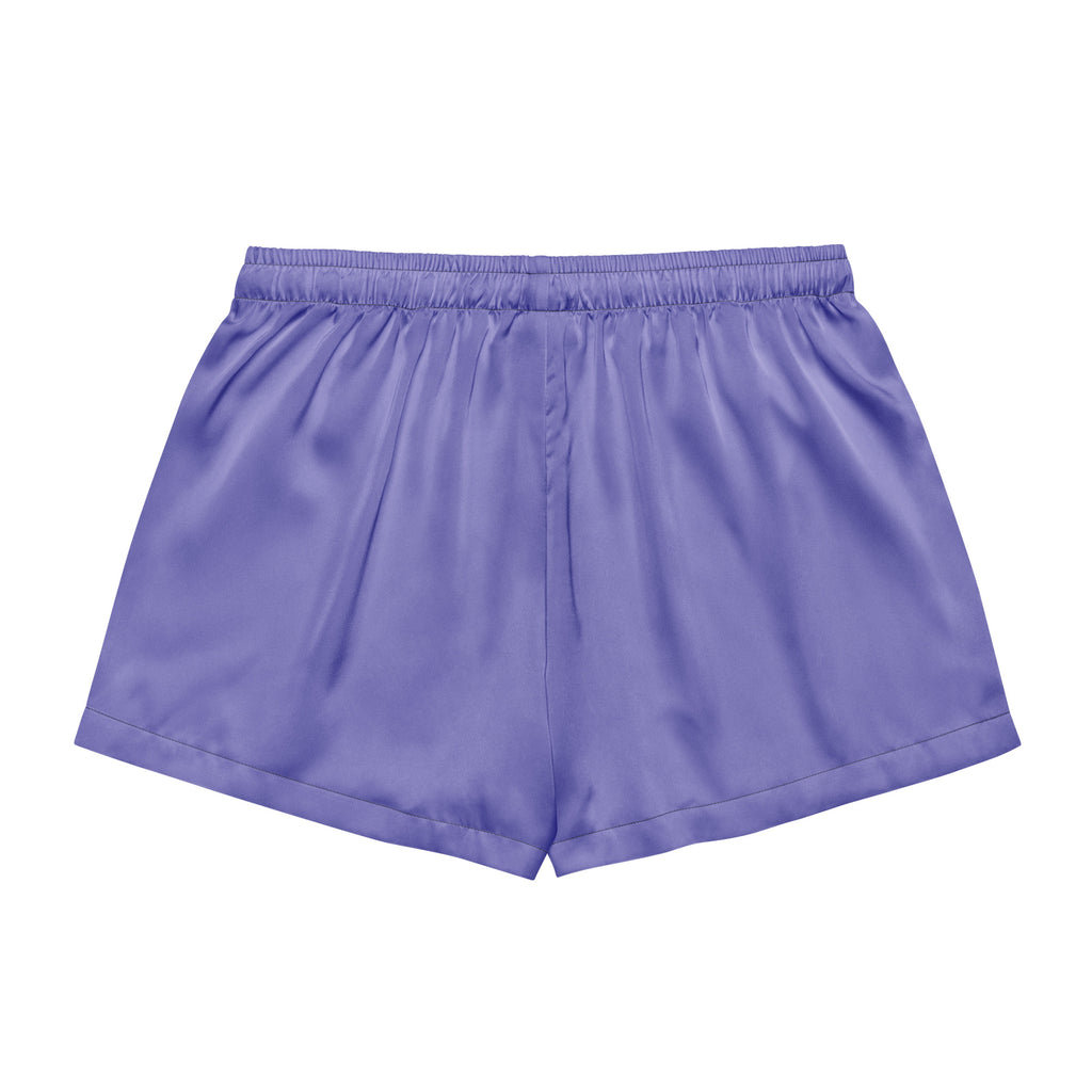 Women’s purple silky pajama shorts made of satin with an elastic waistband for a lightweight relaxed fit