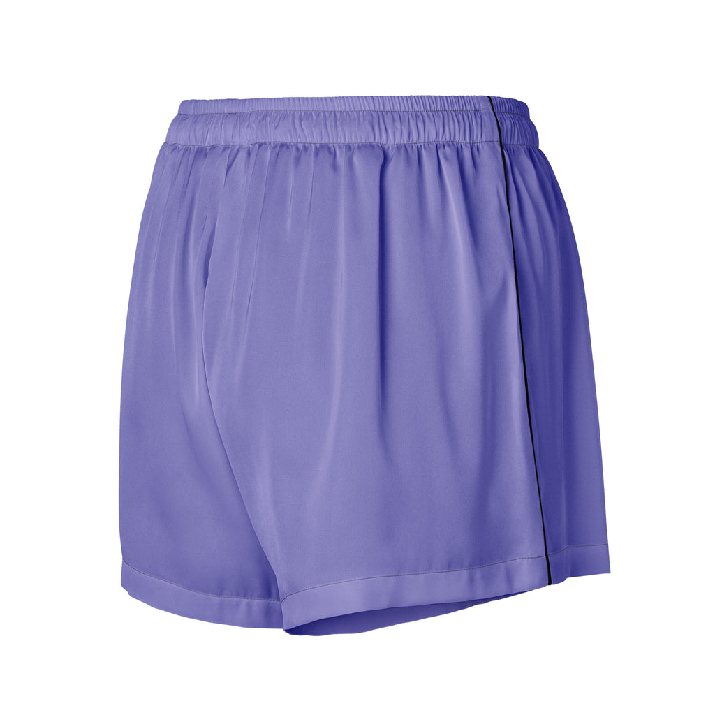 Women’s purple silky pajama shorts with lightweight relaxed fit black side stripe and elastic waistband