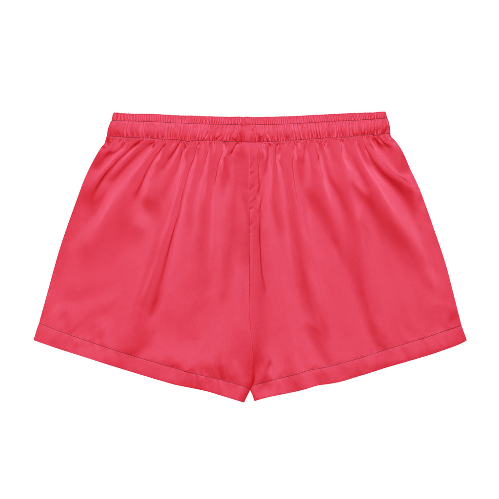 Women’s bright pink satin pajama shorts with elastic waistband lightweight relaxed fit and drawstring waist