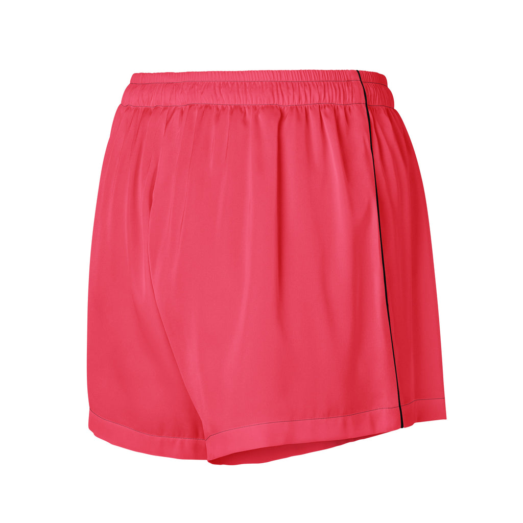 Women’s bright pink silky pajama shorts with black side stripe elastic waistband lightweight relaxed fit