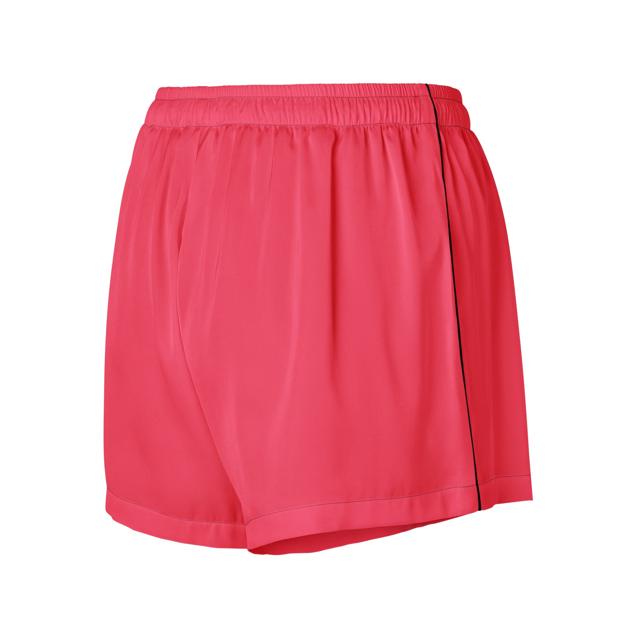 Women’s bright pink silky pajama shorts with black side stripe elastic waistband lightweight relaxed fit