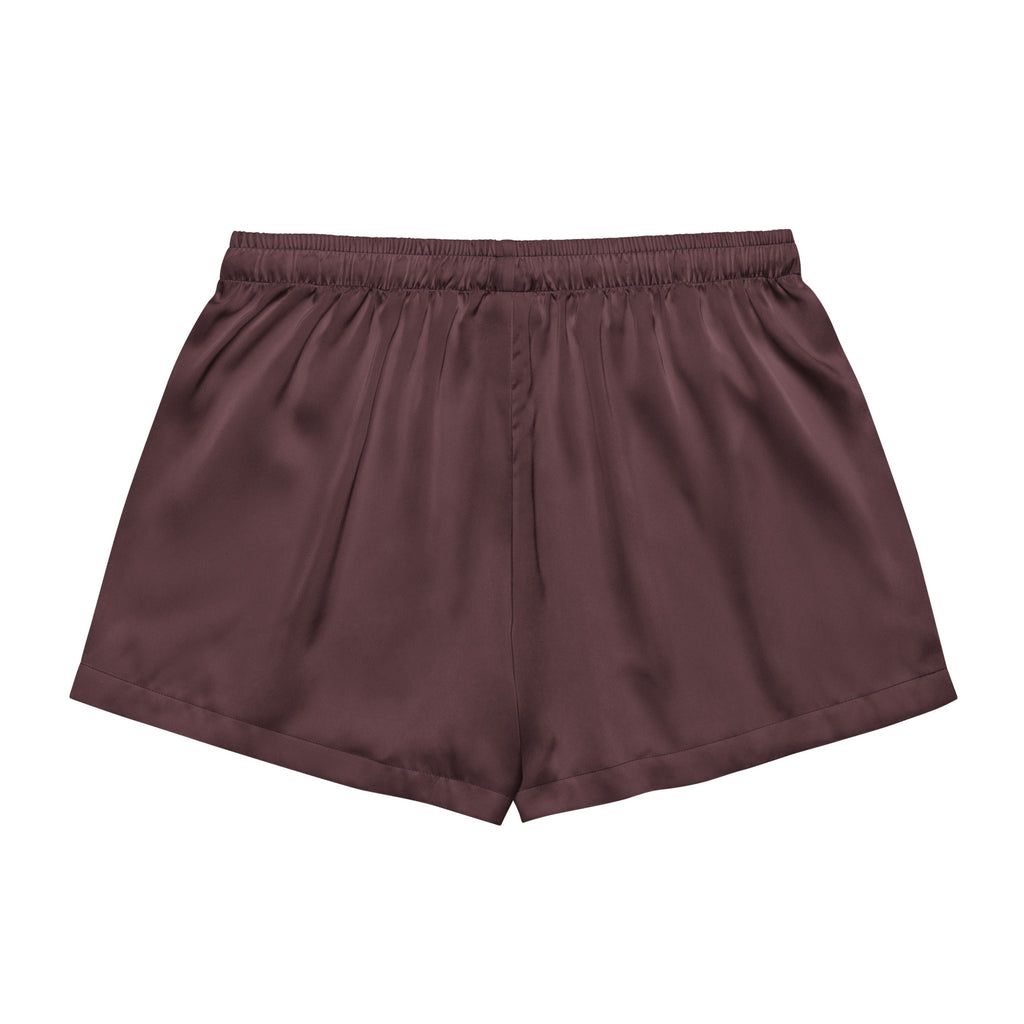 Women’s dark cab sav silky pajama shorts in brown satin with elastic waistband and lightweight relaxed fit