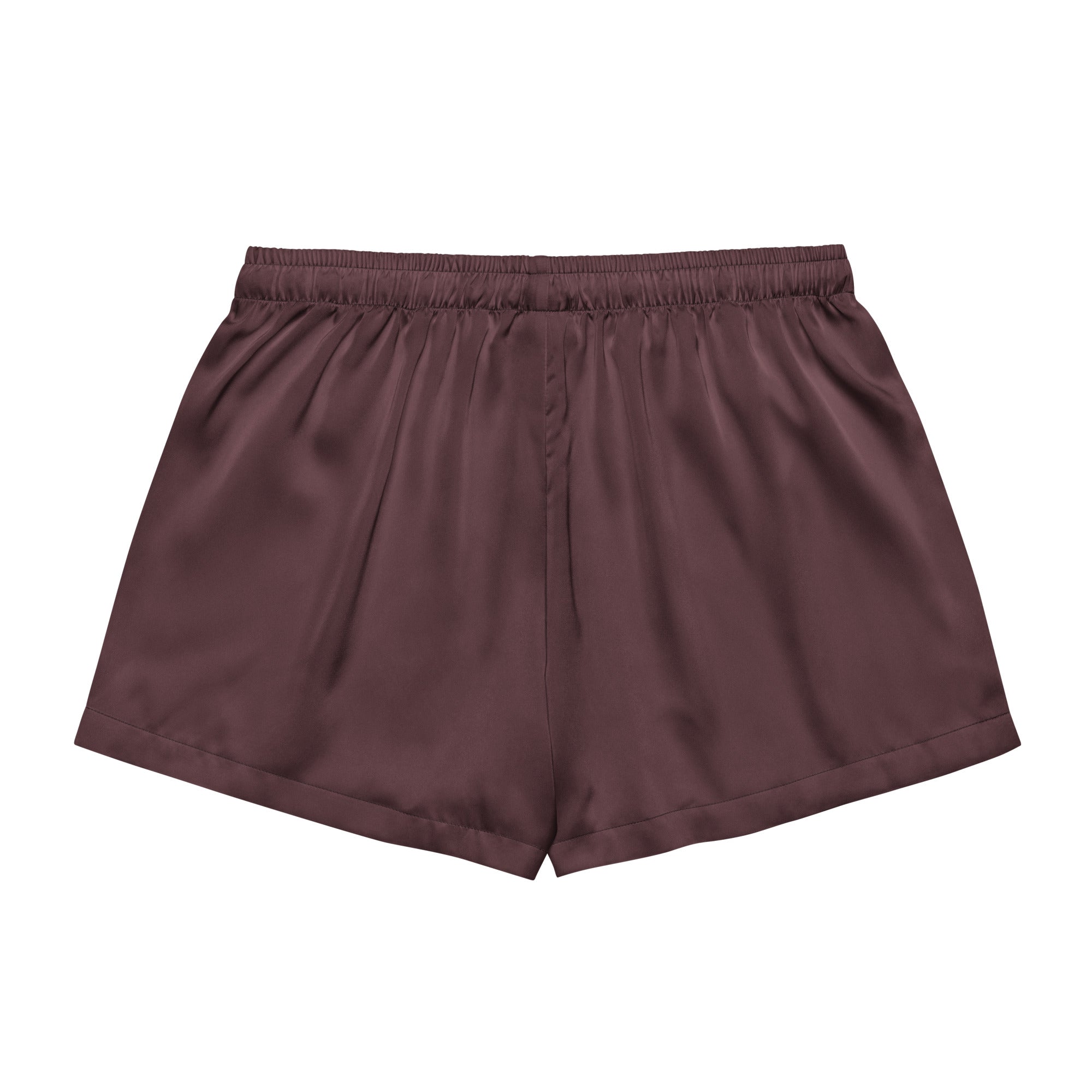 Women’s dark cab sav silky pajama shorts in brown satin with elastic waistband and lightweight relaxed fit