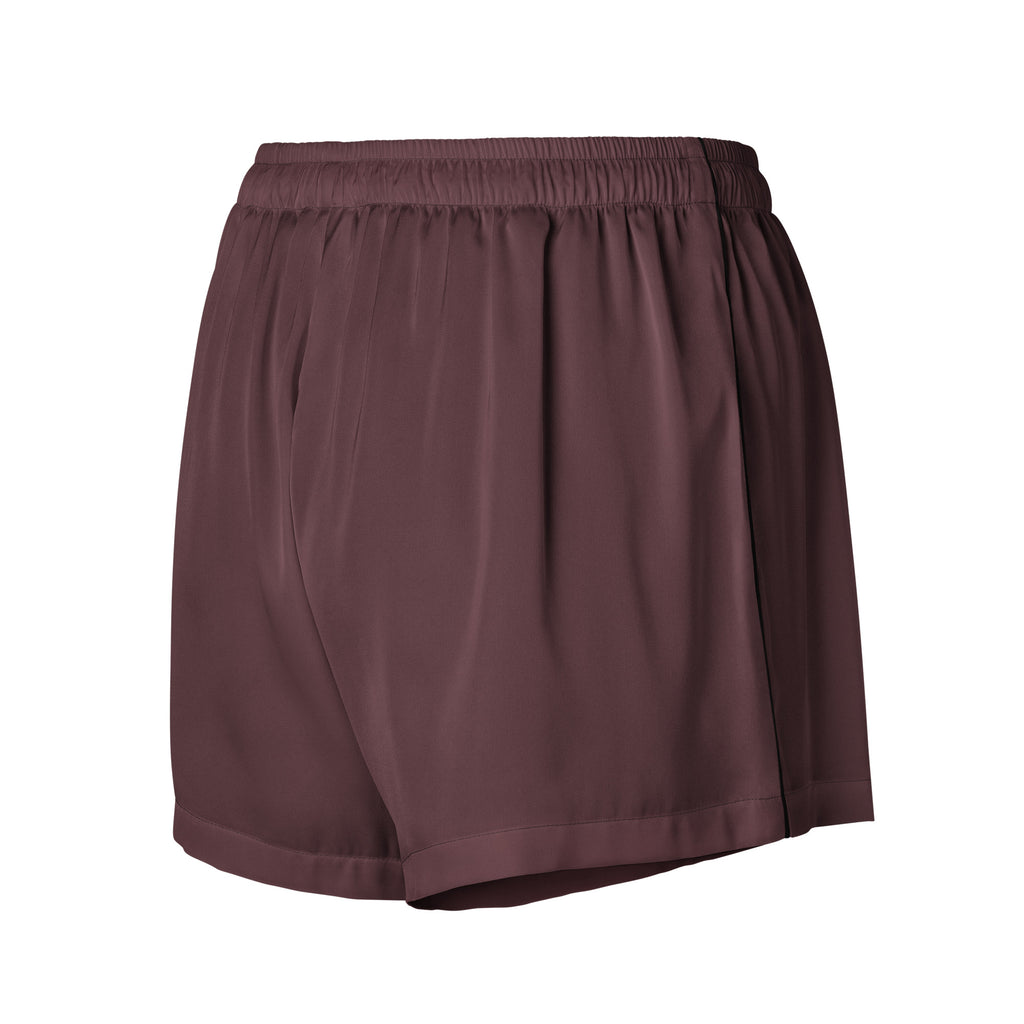 Women’s dark cab sav silky pajama shorts in brown with elastic waistband lightweight smooth fabric for relaxation