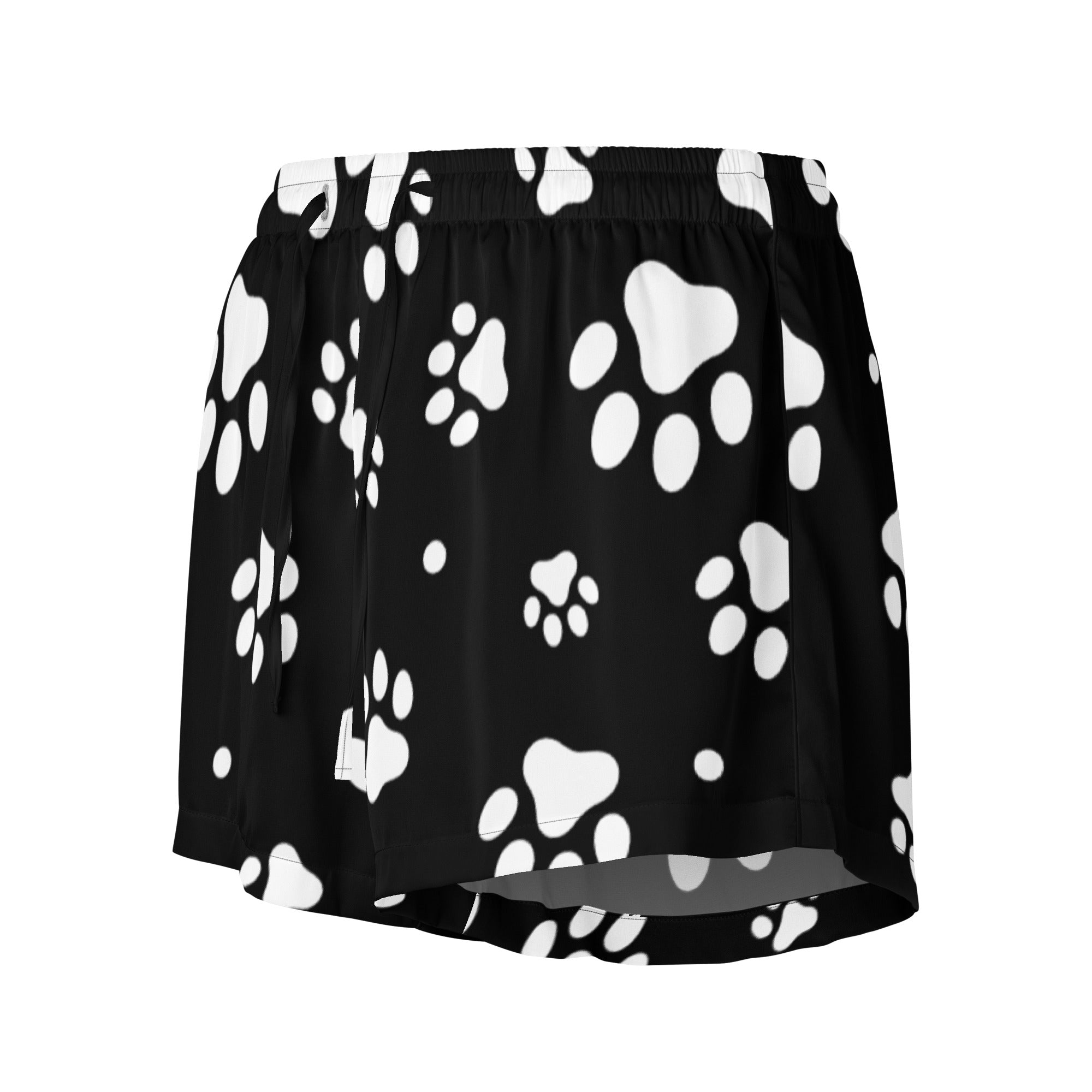 Women’s black silky pajama shorts with white paw print pattern lightweight relaxed fit with drawstring waist