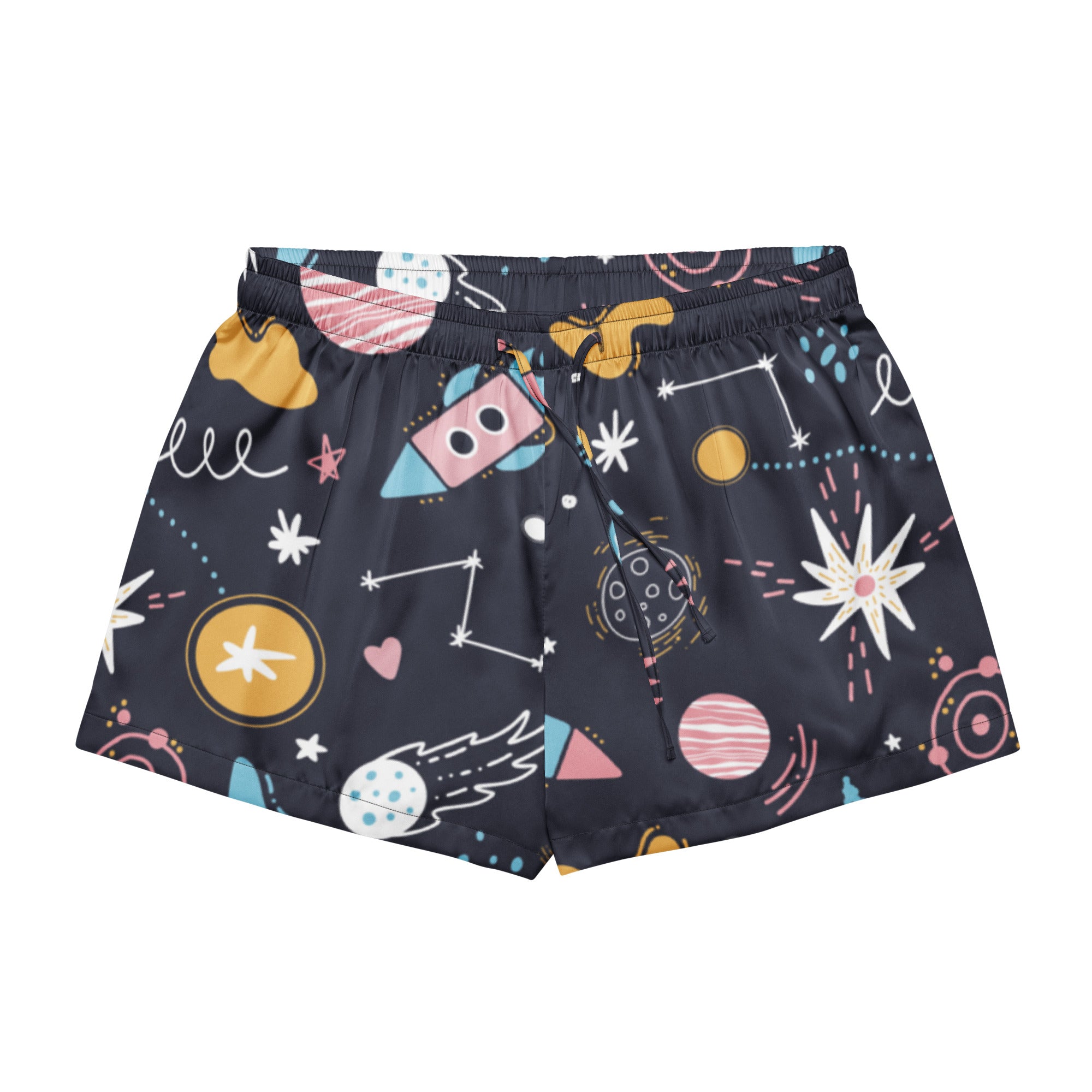 Women’s dark blue silky pajama shorts with colorful cartoon planets rockets and stars in a lightweight relaxed fit