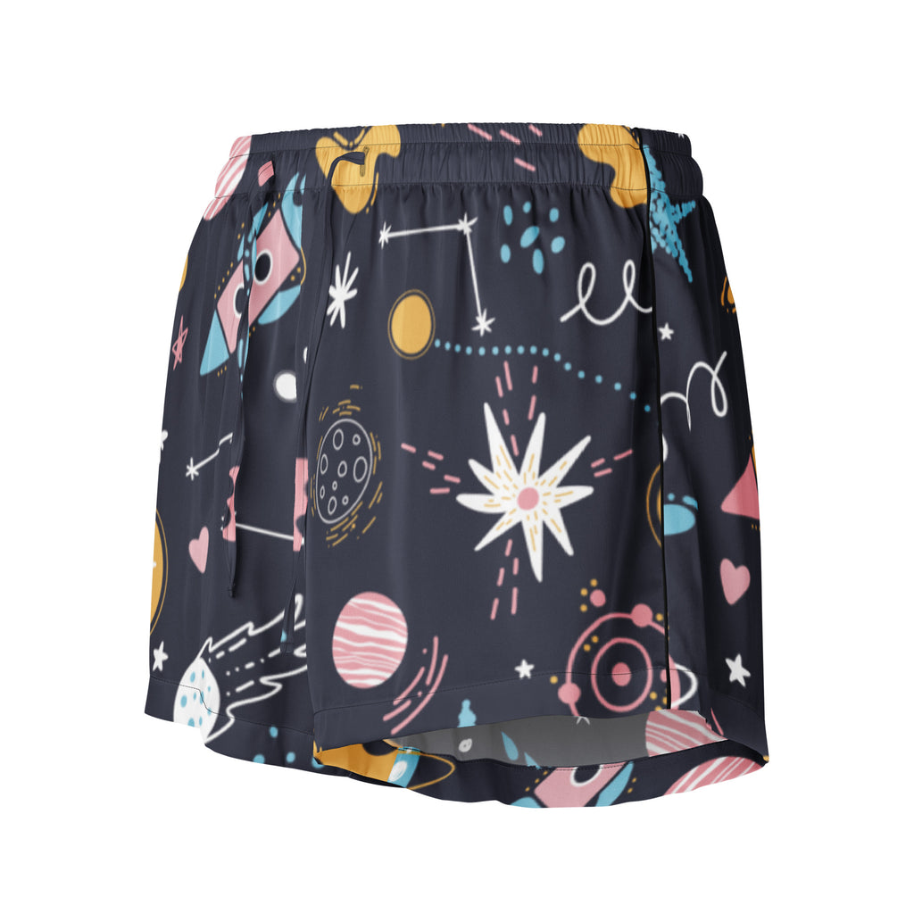 Women’s outer space silky pajama shorts in dark blue with colorful cartoon planets stars rockets and hearts pattern