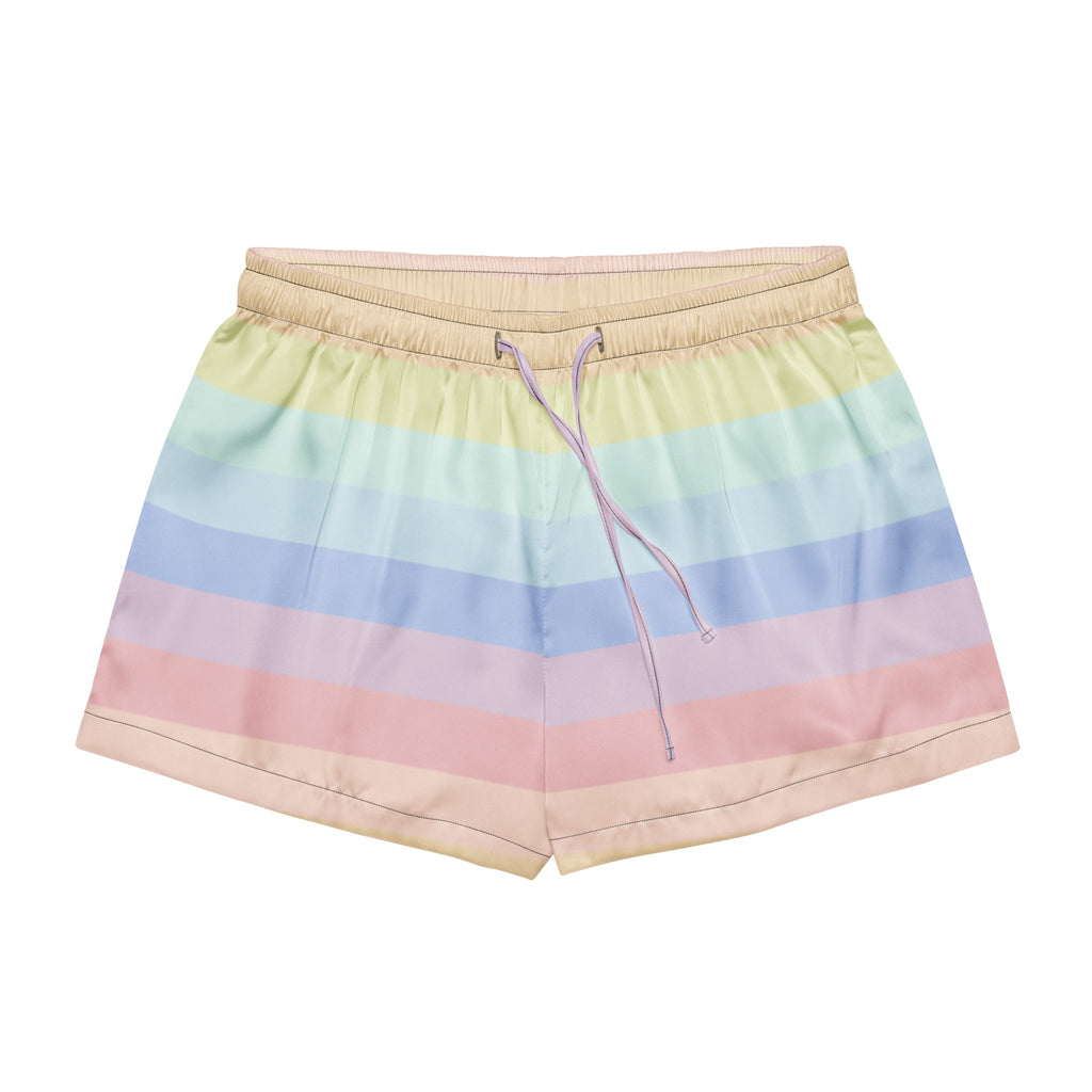 Women’s striped pastel rainbow silky pajama shorts with beige elastic waistband and matching drawstring in lightweight fabric