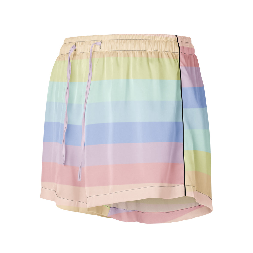 Women’s pastel rainbow striped silky pajama shorts with lightweight relaxed fit and drawstring waistband