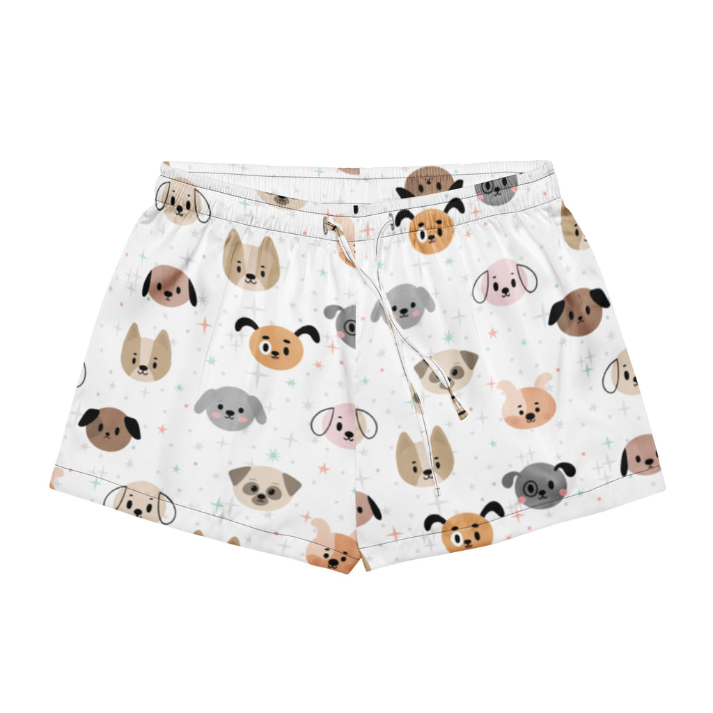 Women’s white silky pajama shorts with playful cartoon dog faces in beige brown gray and pink featuring a drawstring waist