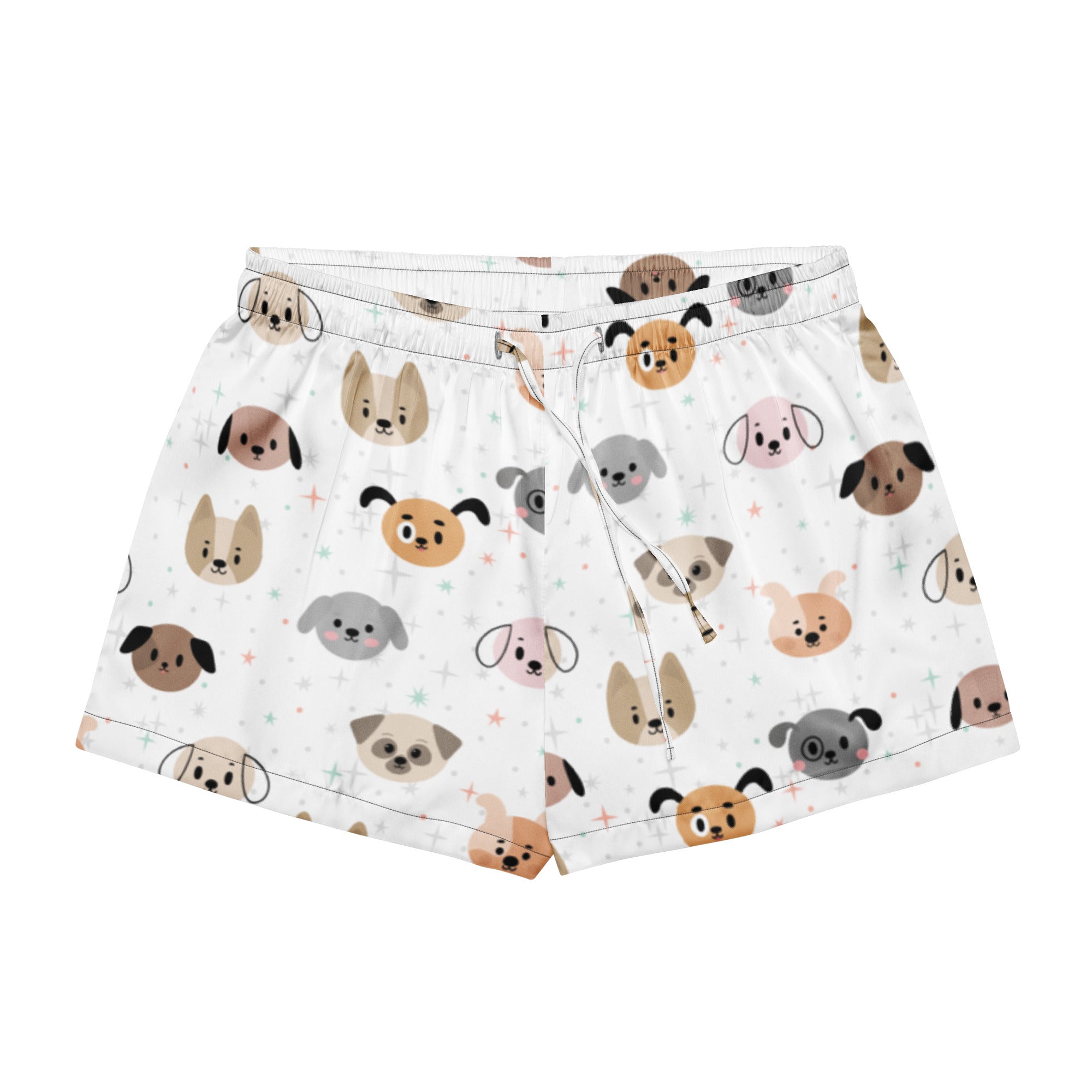 Women’s white silky pajama shorts with playful cartoon dog faces in beige brown gray and pink featuring a drawstring waist