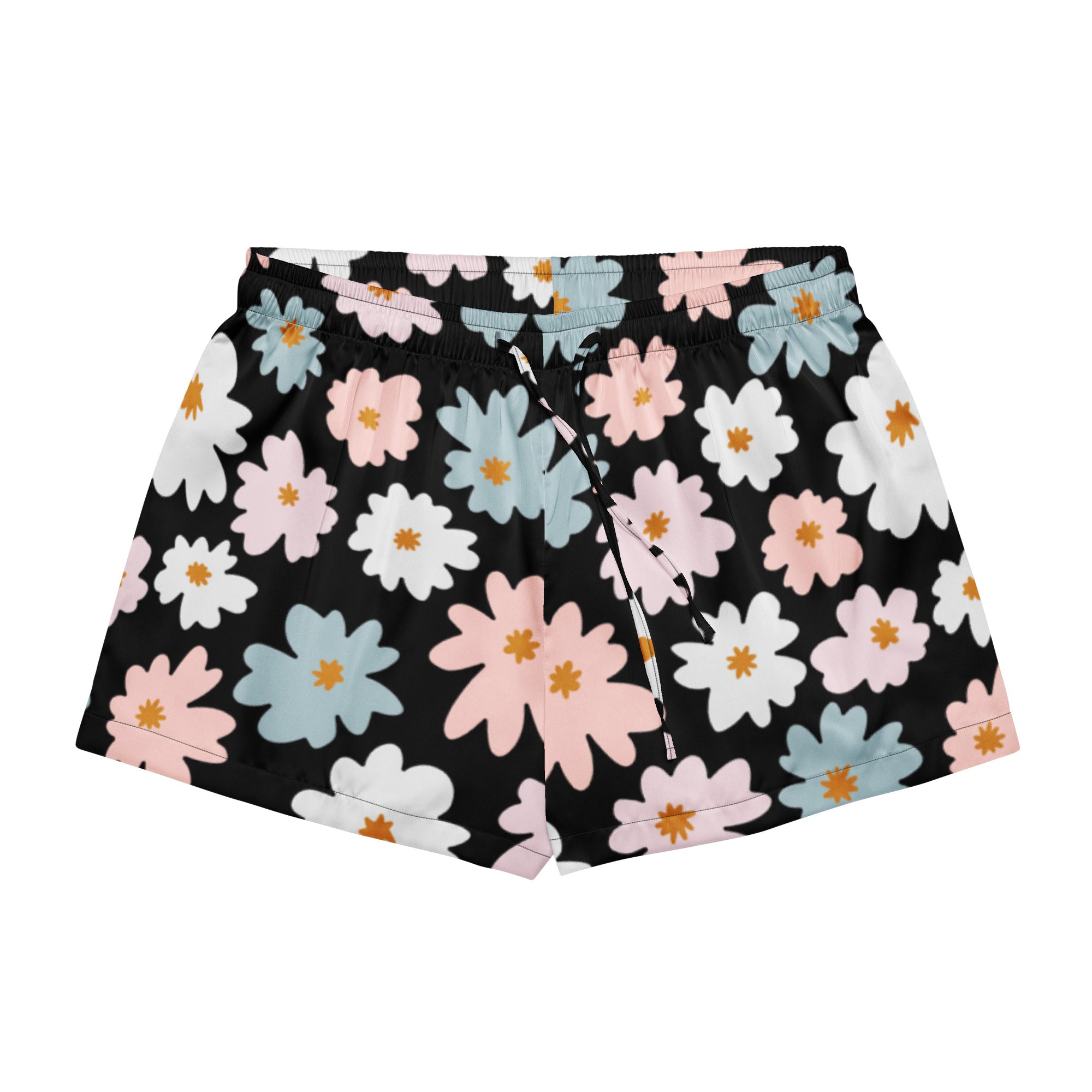 Women’s retro floral silky pajama shorts in black with pink white and blue daisies featuring a drawstring waist