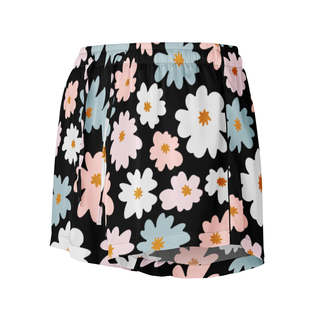 Women’s retro floral silky pajama shorts in black with white pink and light blue daisies and a relaxed drawstring waist
