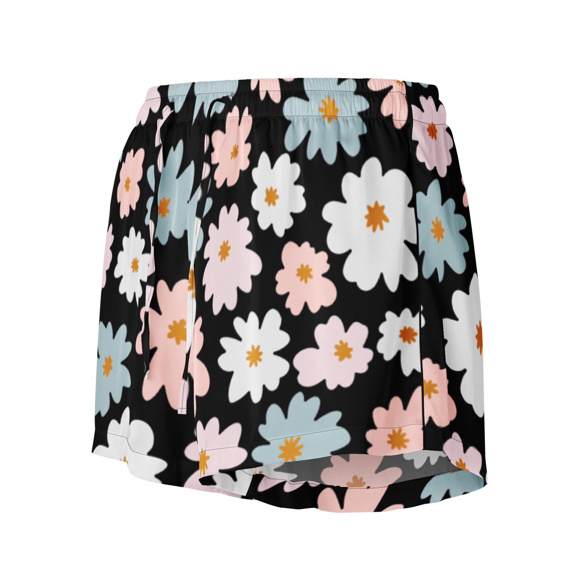 Women’s retro floral silky pajama shorts in black with white pink and light blue daisies and a relaxed drawstring waist