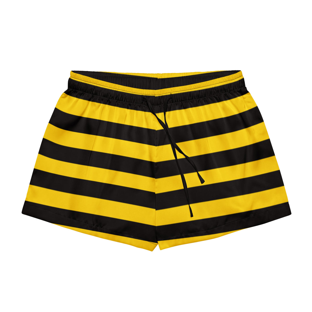 Women’s bumblebee striped silky pajama shorts in yellow and black with lightweight relaxed fit and drawstring waistband