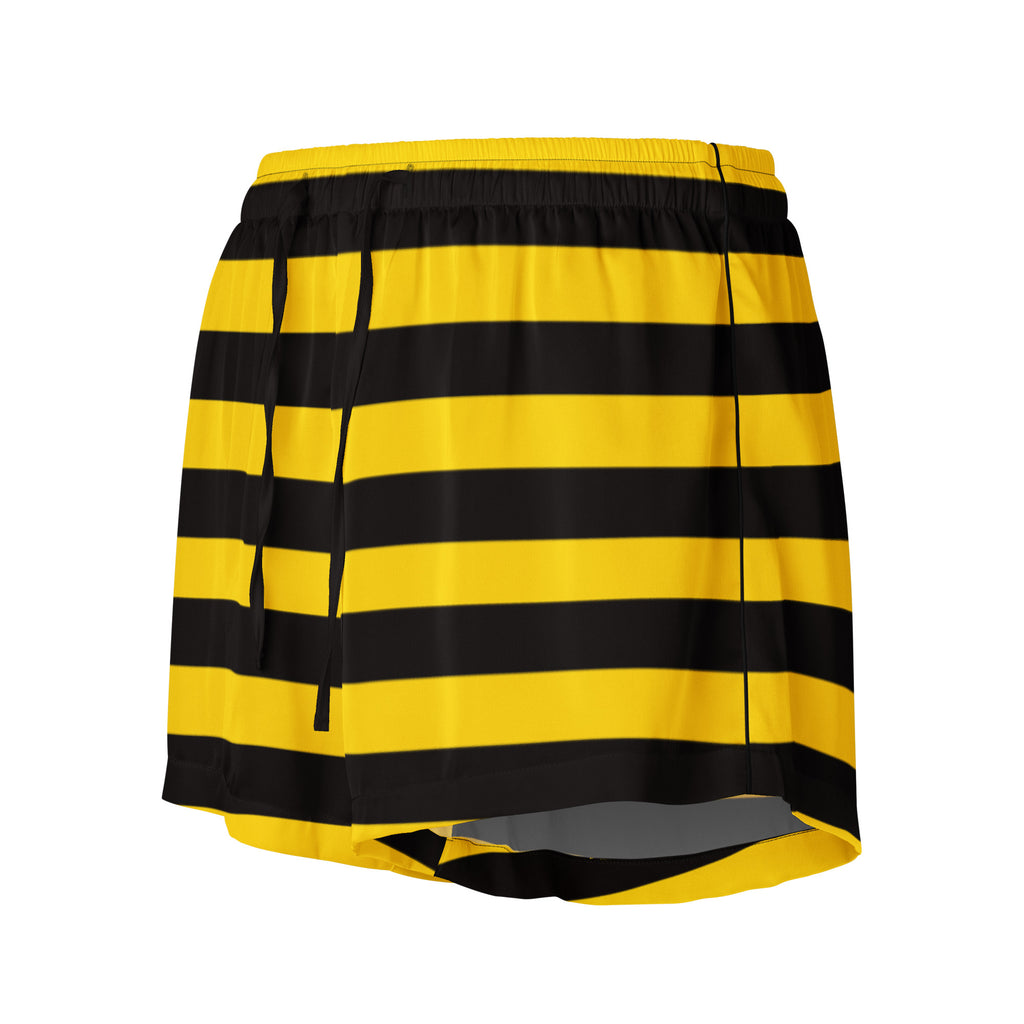 Women’s bumblebee striped silky pajama shorts in yellow and black with elastic drawstring waistband for relaxed fit