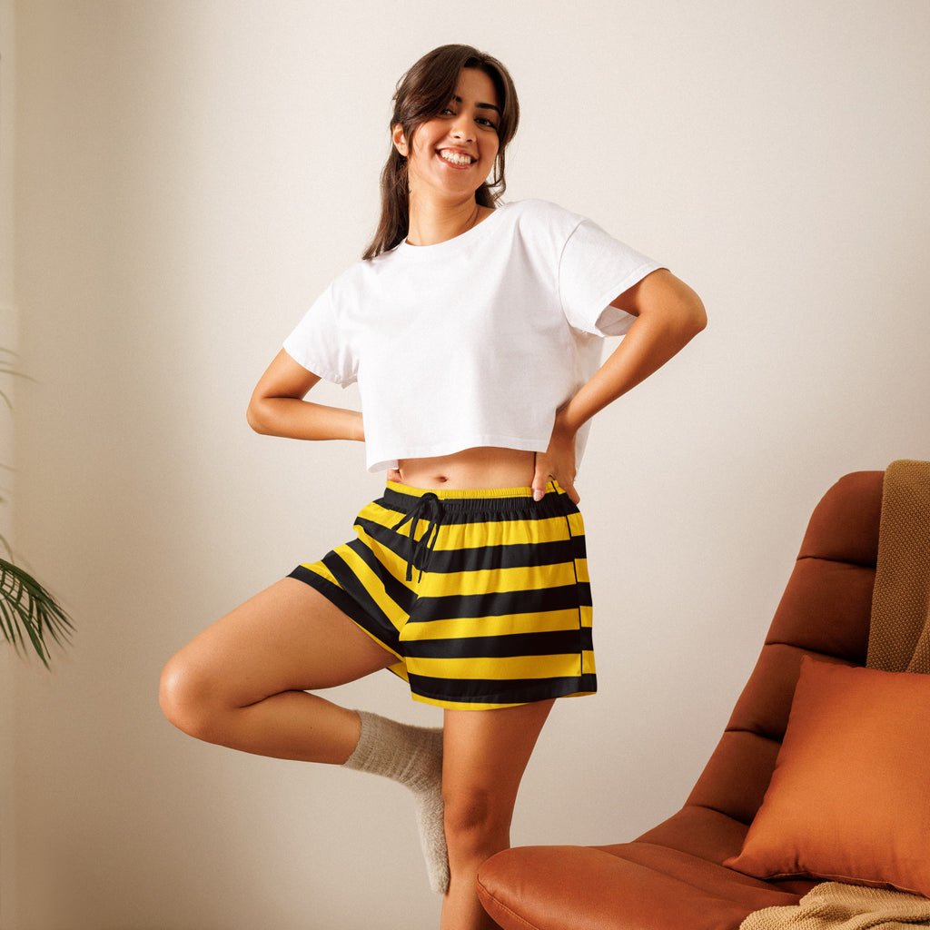 Women’s bumblebee striped silky pajama shorts in yellow and black with lightweight relaxed fit and drawstring waist