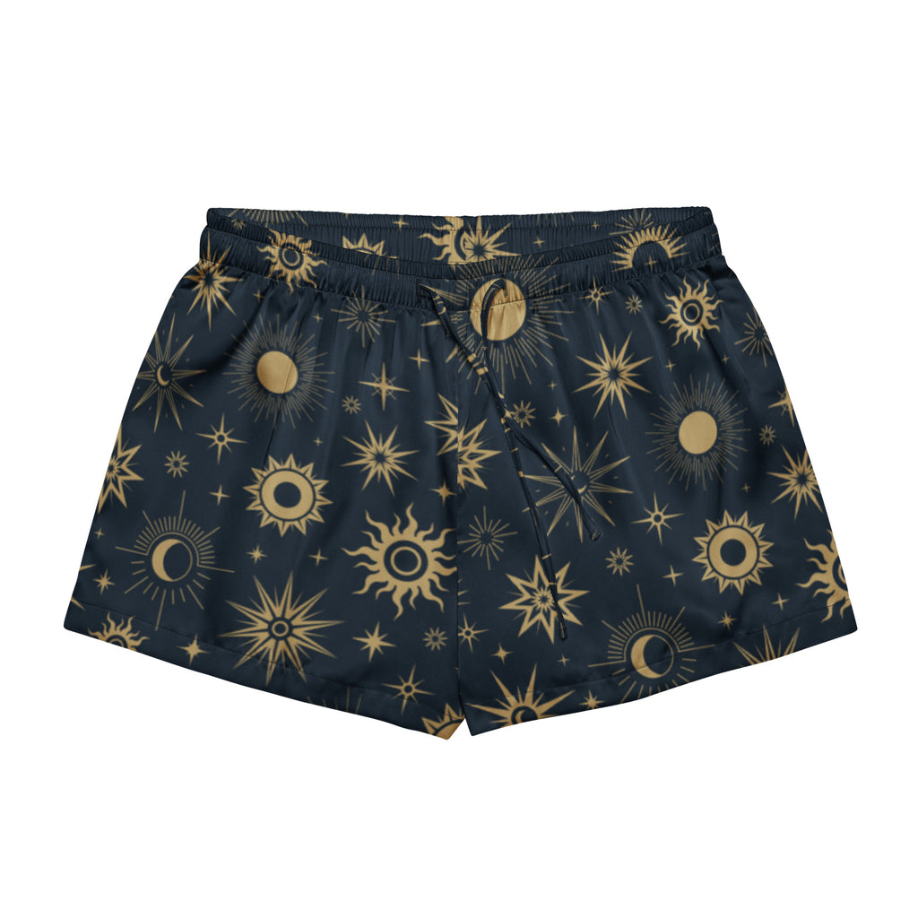 Dark blue silky women’s pajama shorts with gold sun moon and star pattern lightweight relaxed fit with drawstring waist