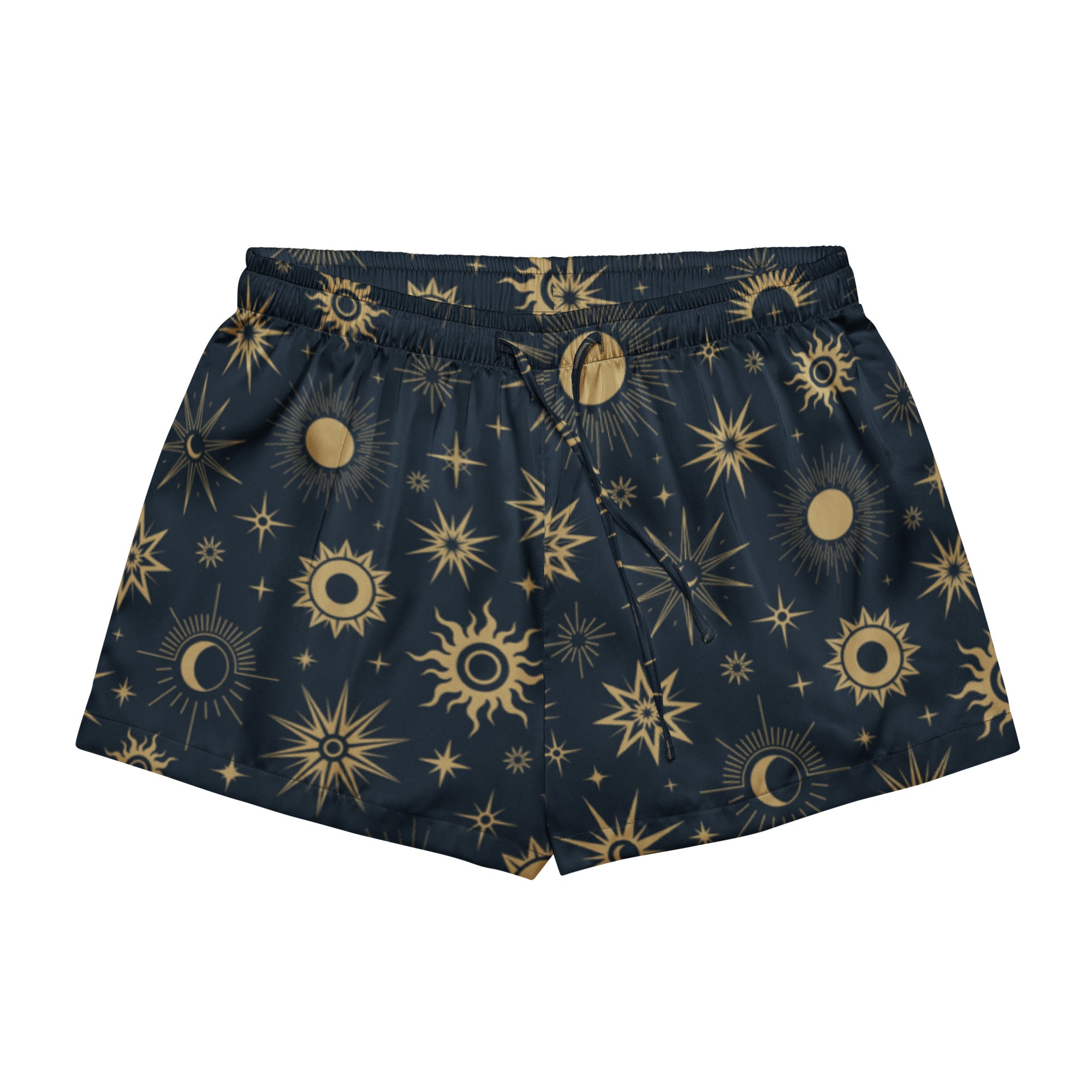 Dark blue silky women’s pajama shorts with gold sun moon and star pattern lightweight relaxed fit with drawstring waist
