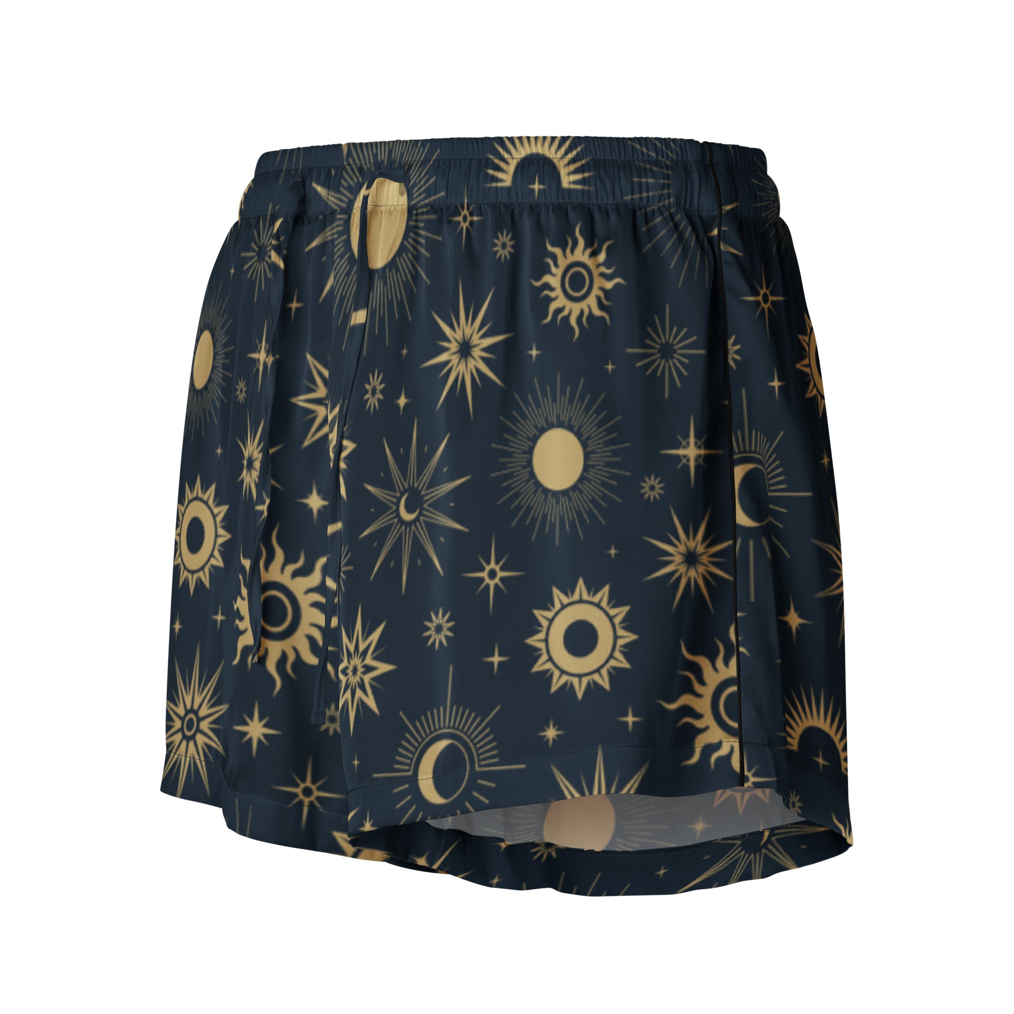 Women’s dark blue silky pajama shorts with vibrant gold sun moon and star celestial pattern and drawstring waist