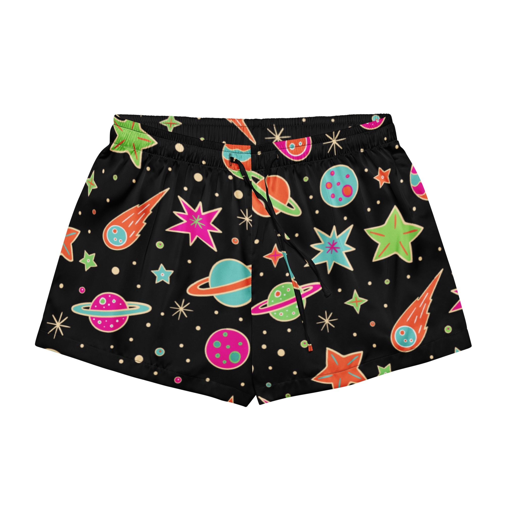 Women’s retro neon space silky pajama shorts in black with colorful planets stars and comets in a relaxed fit