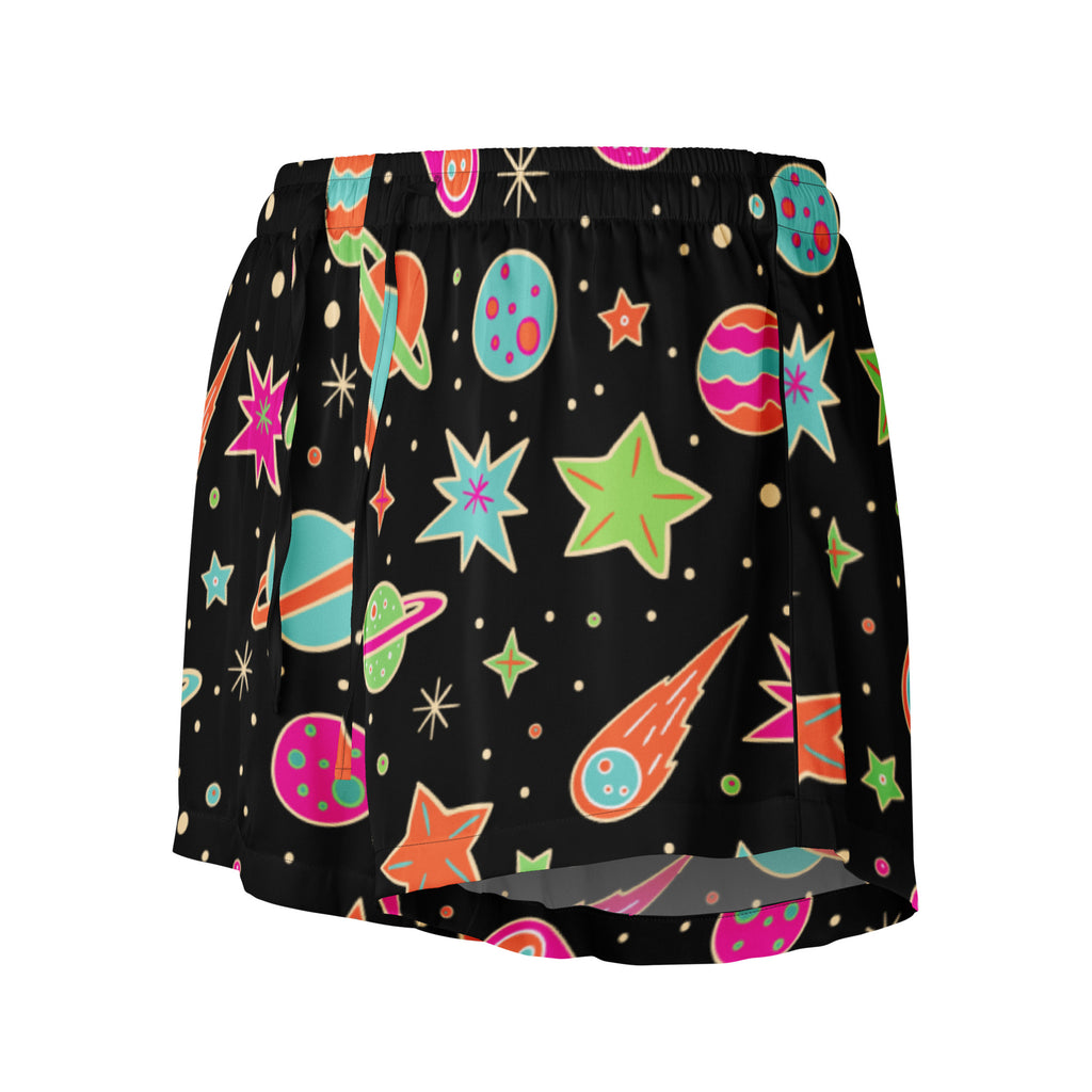 Women’s black silky pajama shorts with vibrant retro neon space pattern and lightweight relaxed fit with drawstring waist