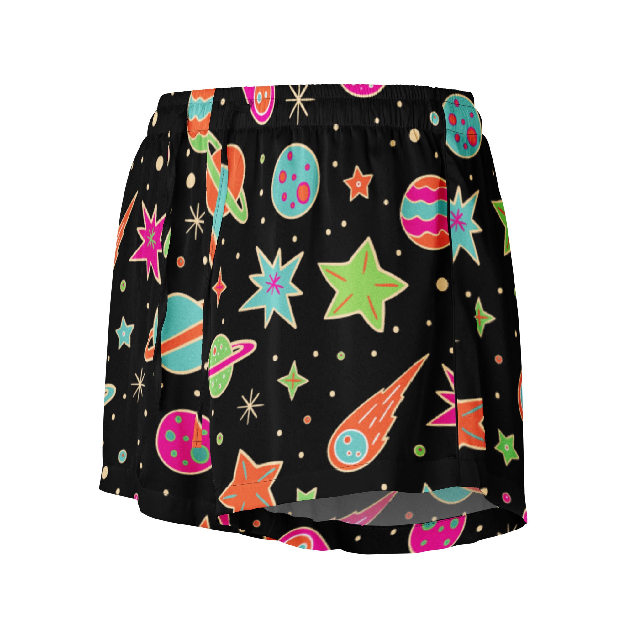 Women’s black silky pajama shorts with vibrant retro neon space pattern and lightweight relaxed fit with drawstring waist