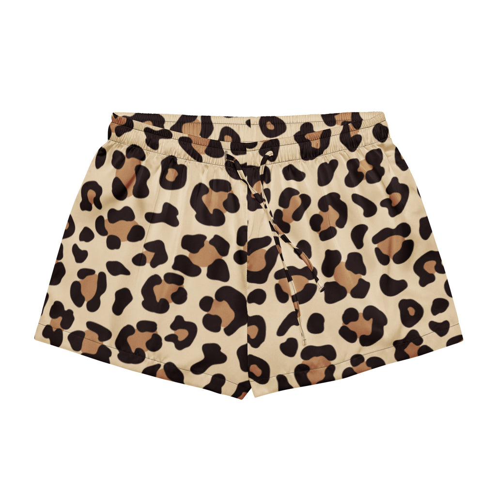 Women’s Leopard Print Silky Pajama Shorts – Lightweight Relaxed Fit with Drawstring Waist