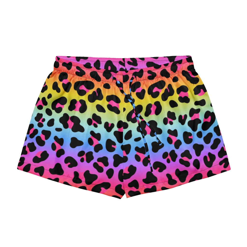 Women’s silky pajama shorts with rainbow gradient leopard print and lightweight drawstring waistband for relaxed fit